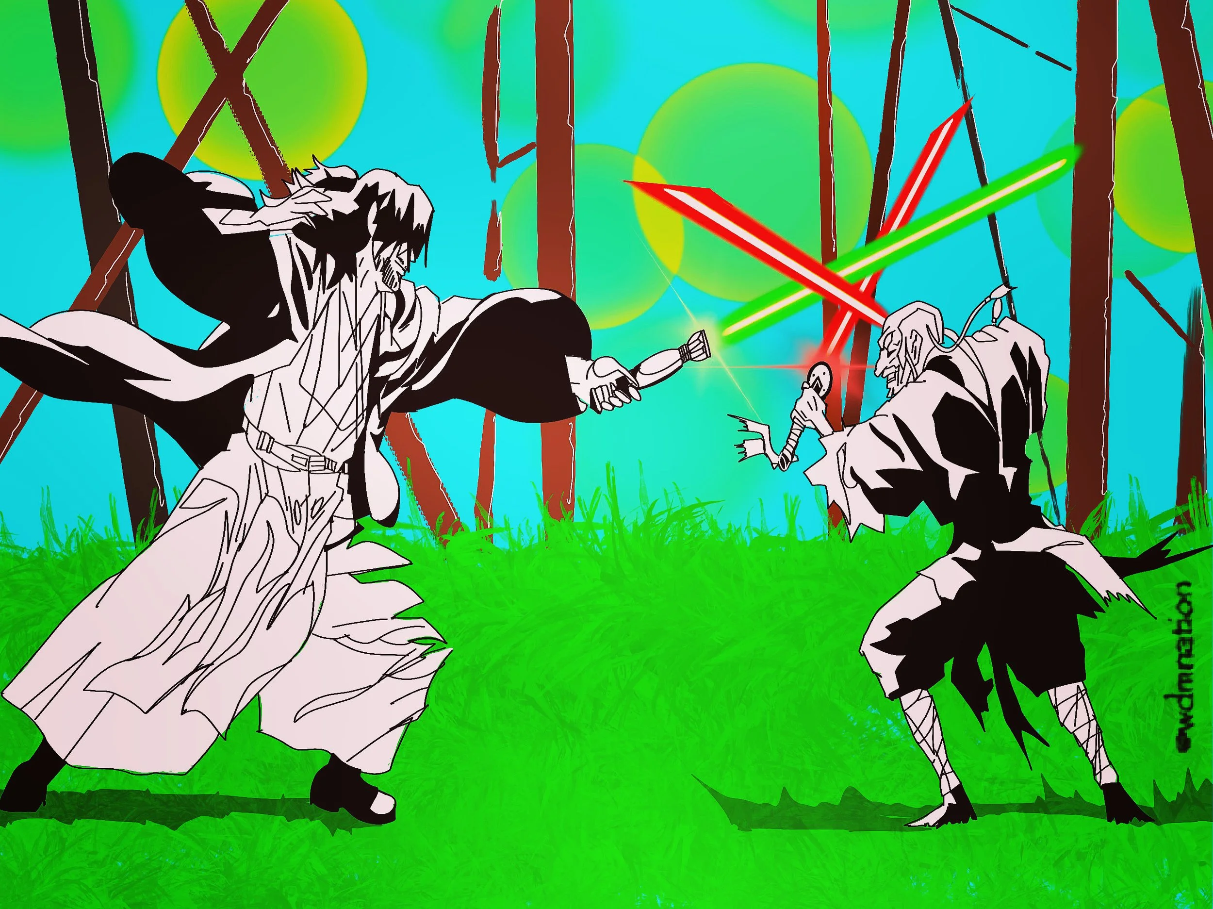 Digital artwork of two samurai or ninja warriors in combat in a forest, with one wielding a sword and the other firing laser beams from their eyes, in a colorful and stylized setting.