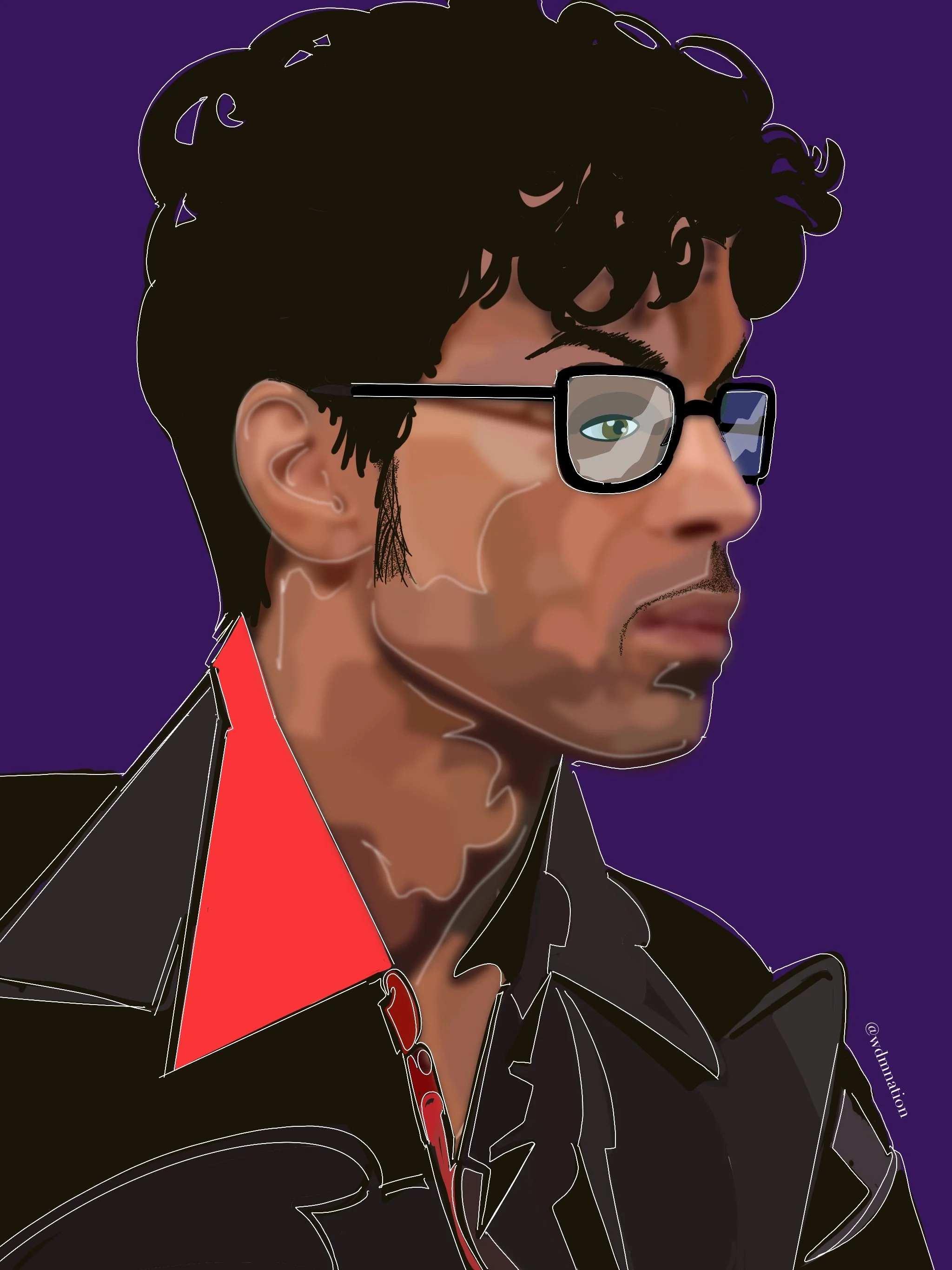 Digital illustration of a Prince with curly dark hair and glasses, wearing a black jacket with a red shirt underneath, against a dark purple background.