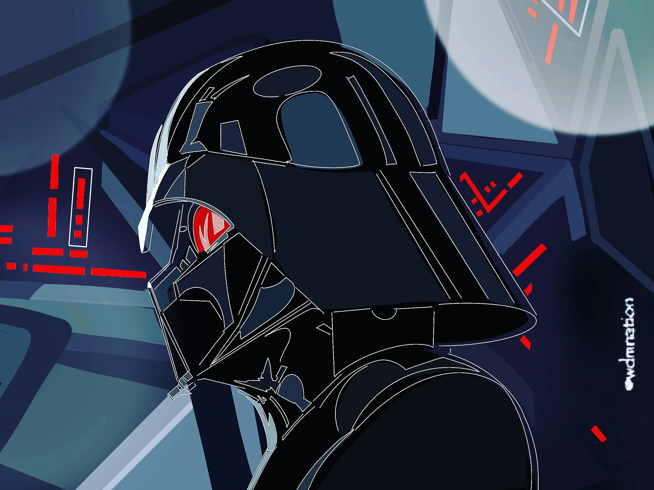 Illustration of Darth Vader's helmet with futuristic digital and spaceship cockpit elements and red warning displays in the background.