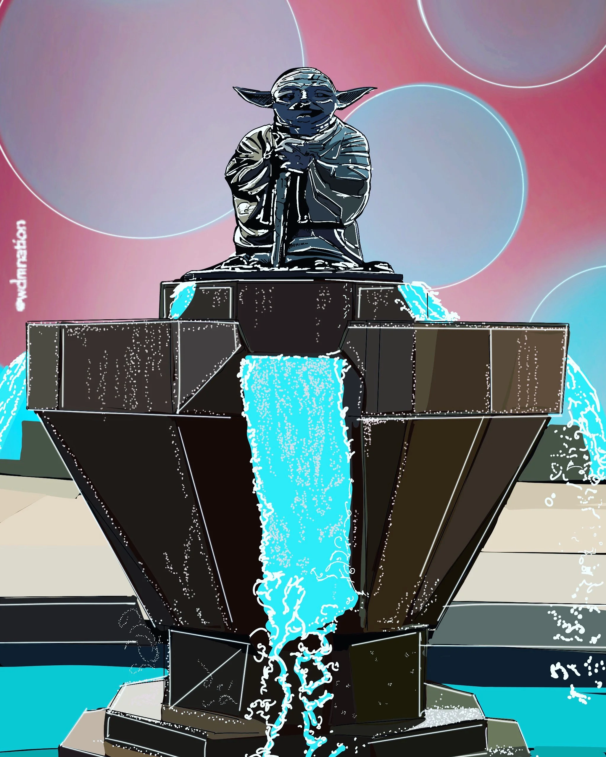 Illustration of a fountain inspired by Baby Yoda, with water flowing from its hands and base, set against a pink and blue background with circular patterns.