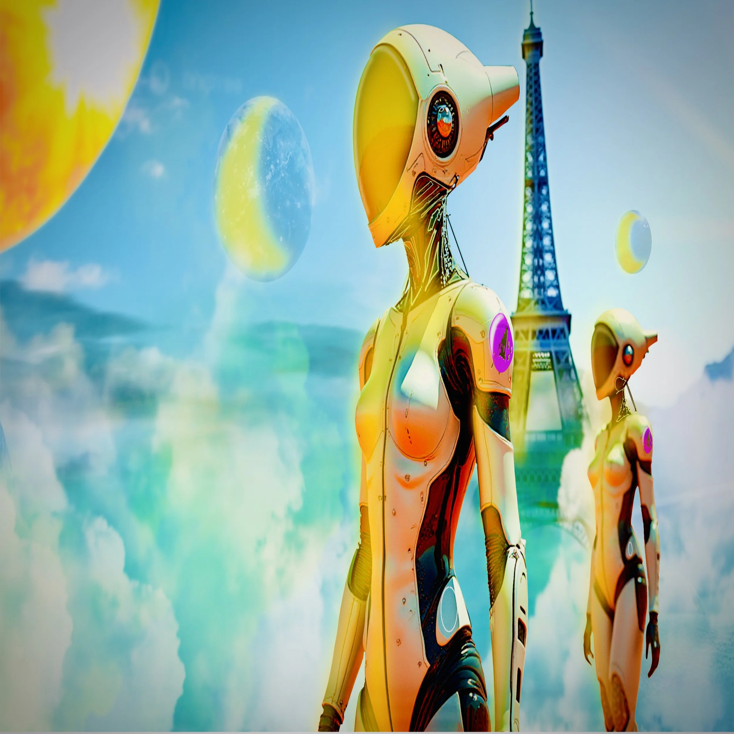 Two humanoid robots with yellow and orange metallic bodies and large helmets, standing in front of a backdrop with planets and the Eiffel Tower.