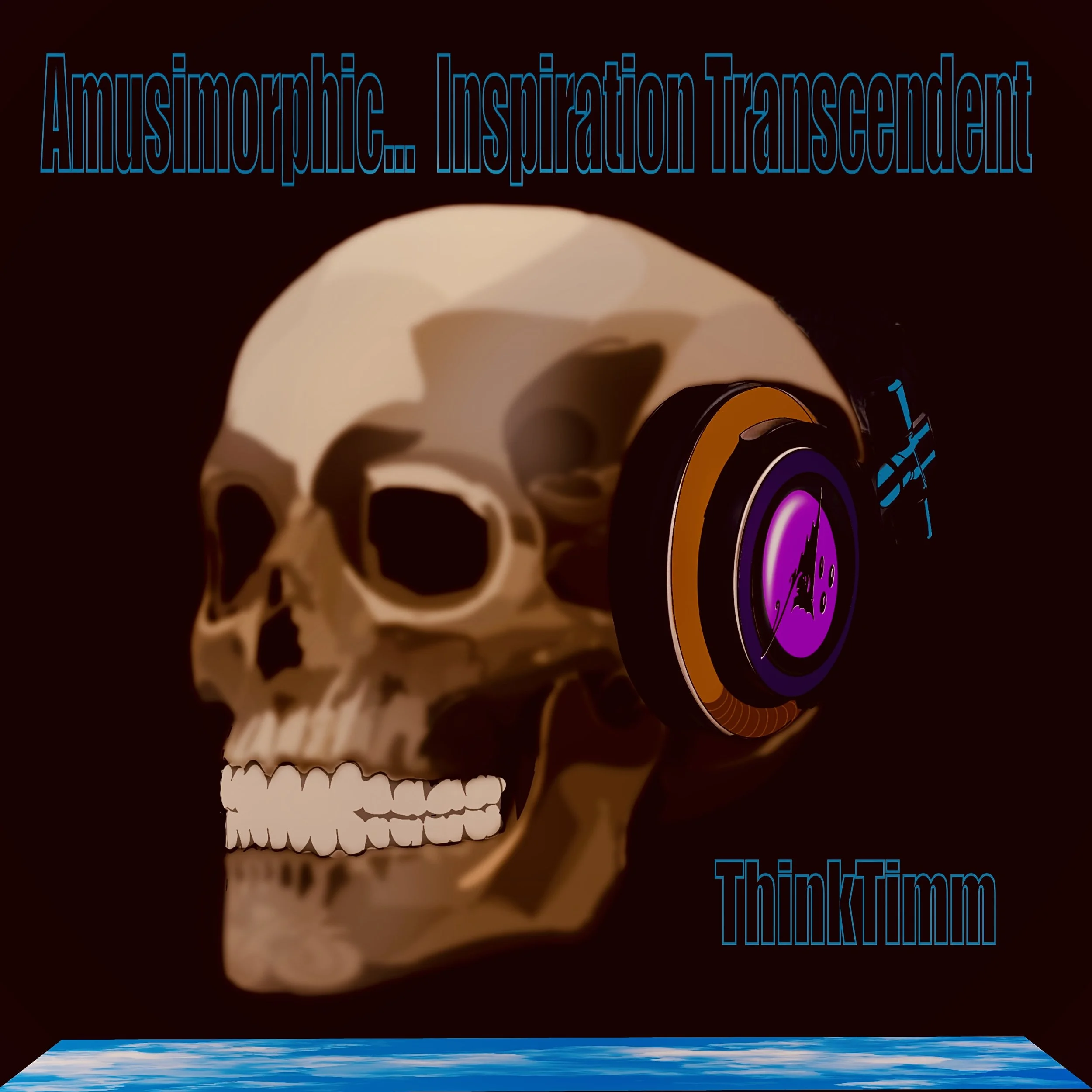 A human skull wearing a black and purple DJ headphone with a world map and music note design, set against a dark background with the text 'Amusimorphic... Inspiration Transcendent' at the top and 'ThinkTimm' at the bottom in blue.