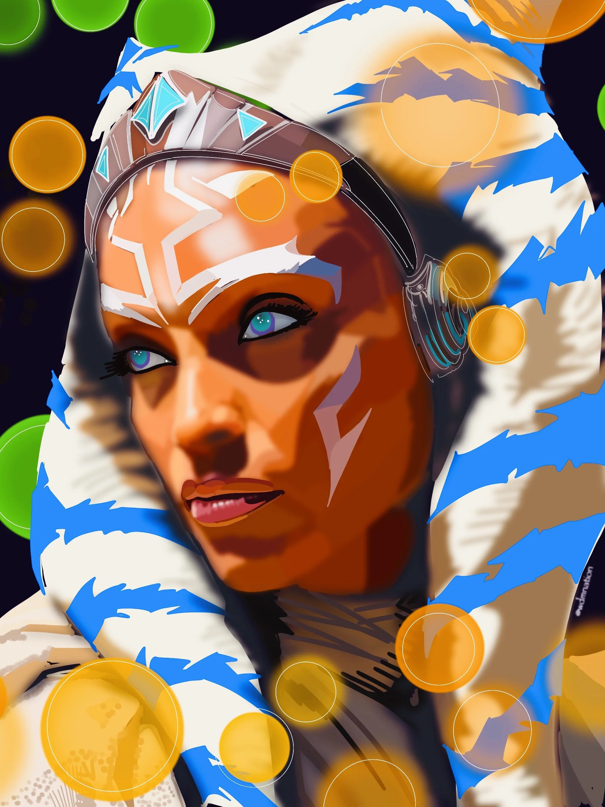 Digital art portrait of a woman with blue eyes, dark hair, and war paint on her face, surrounded by colorful abstract elements and orange circles.