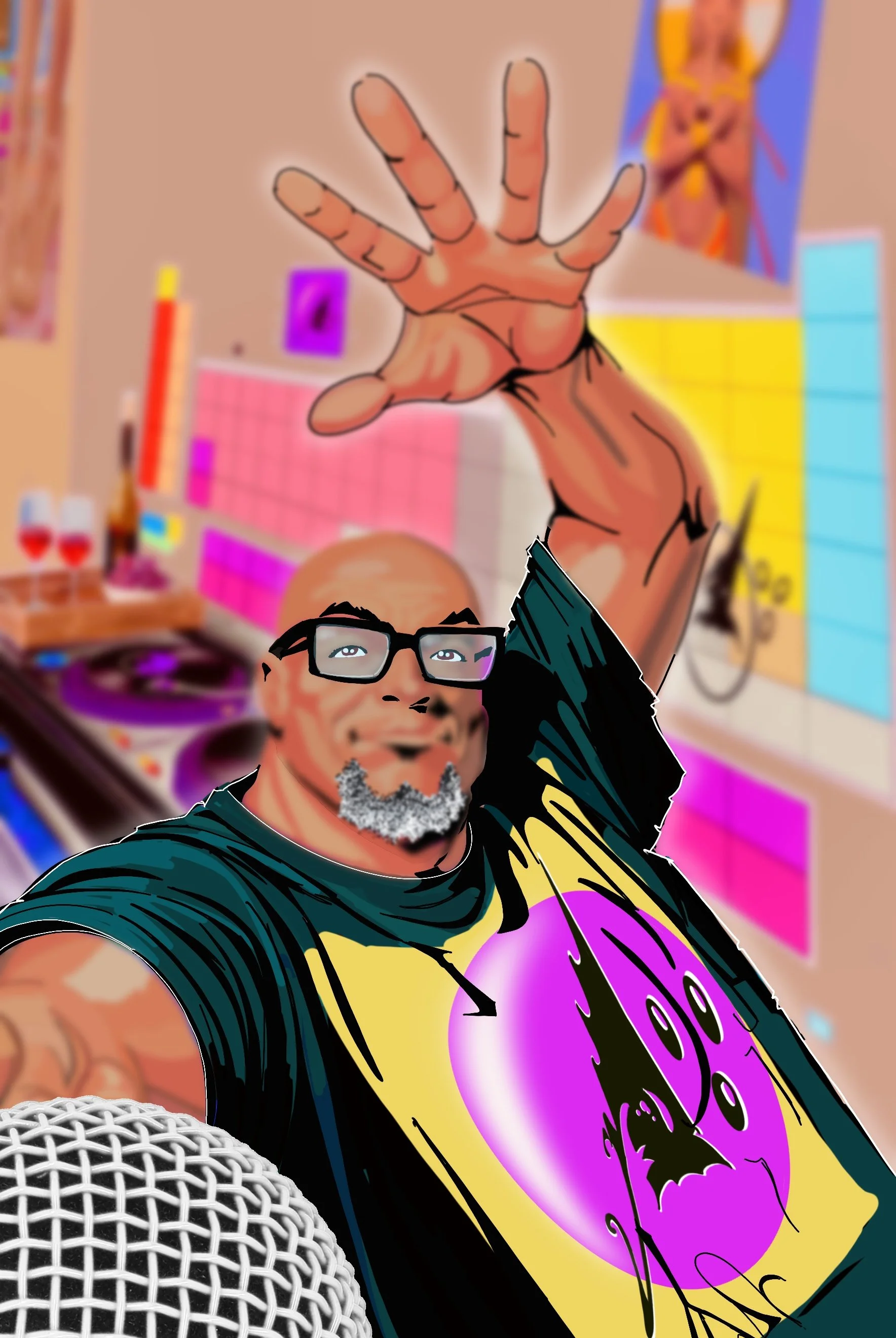 A cartoon-style illustration of a man taking a selfie in a colorful, decorated room. The man is smiling, wearing glasses, a black t-shirt with a pink and yellow design, and has a gray beard. He is raising his hand and waving, with a background featur