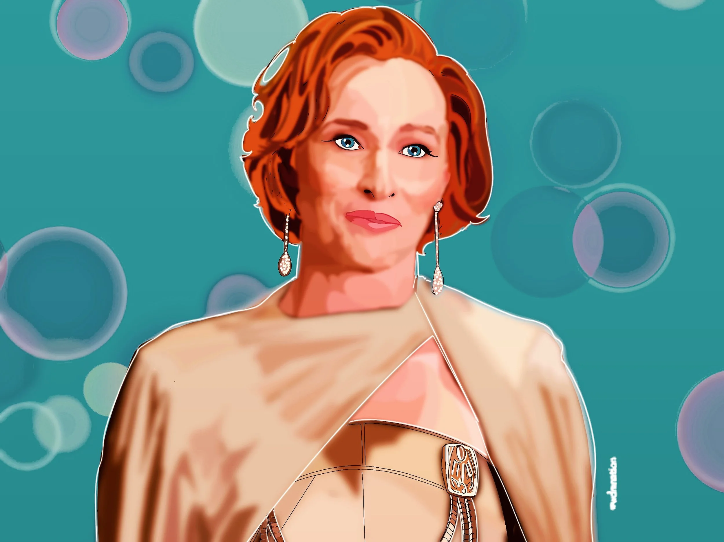 Illustration of a woman with short red hair wearing elegant earrings and a glamorous dress, with a teal background featuring circular patterns.