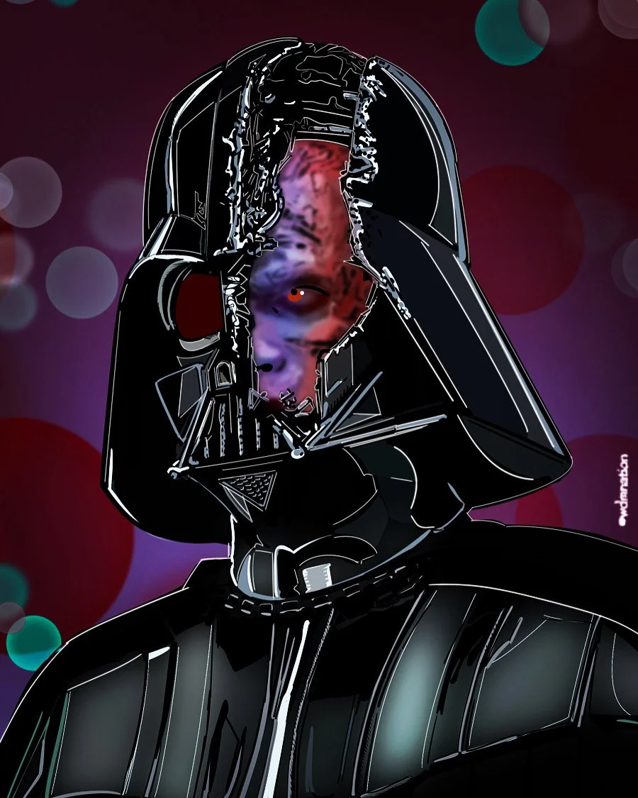 A digital illustration of Darth Vader with a distorted, glitchy face and exposed inner face in a sci-fi style, set against a blurred, colorful background with bokeh effects.