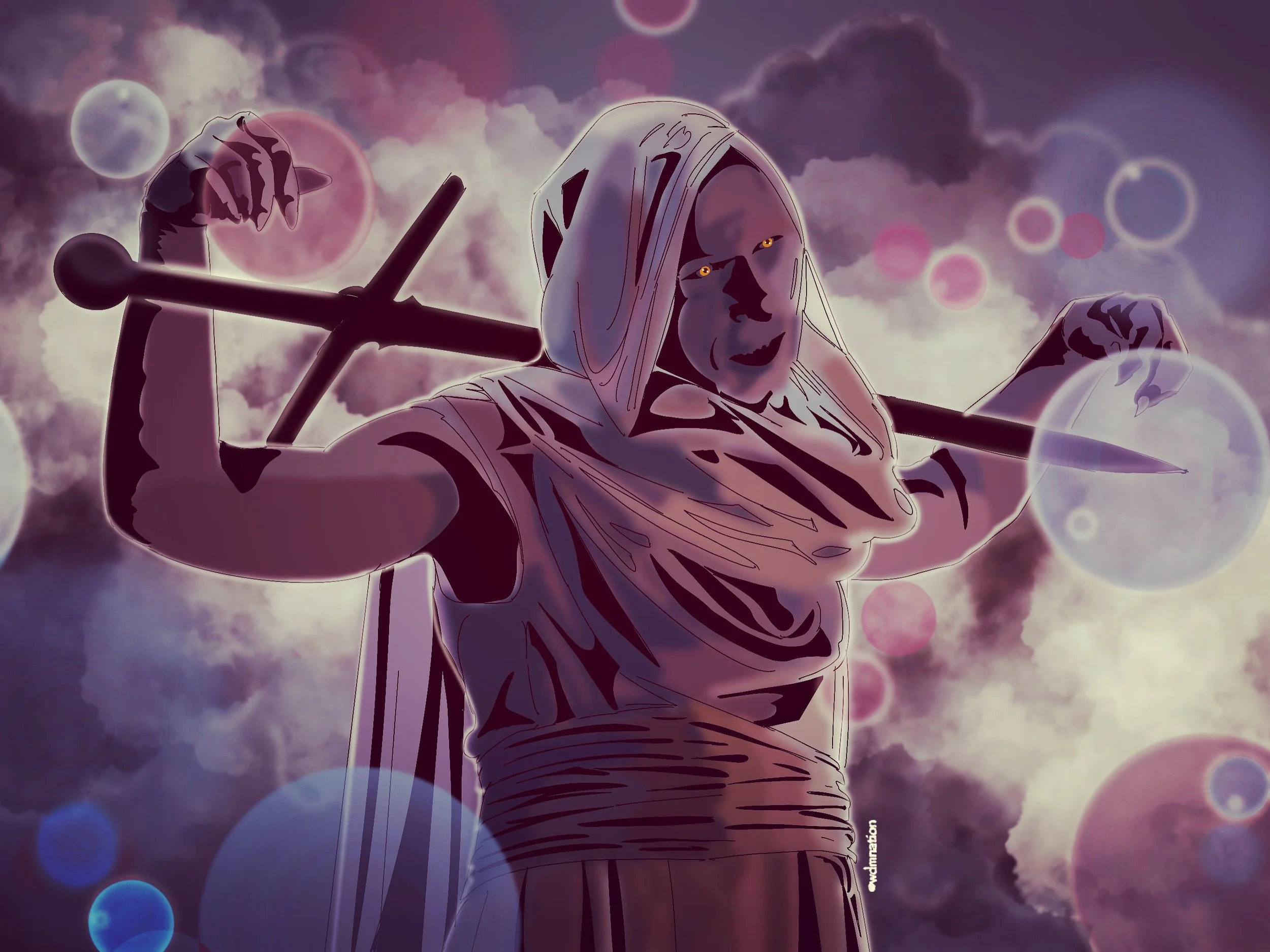 Illustration of a person in a hooded robe holding a spear with a cross staff over their shoulders, set against a dark, cloudy sky with colorful circular orbs.