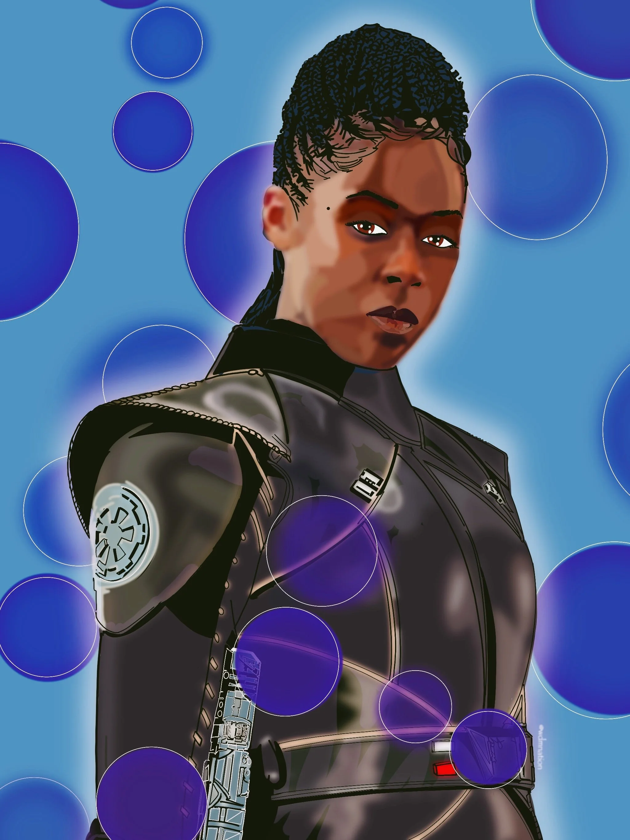 Digital illustration of a woman with textured hair wearing a black futuristic jacket, set against a blue background with blue and purple circular shapes.