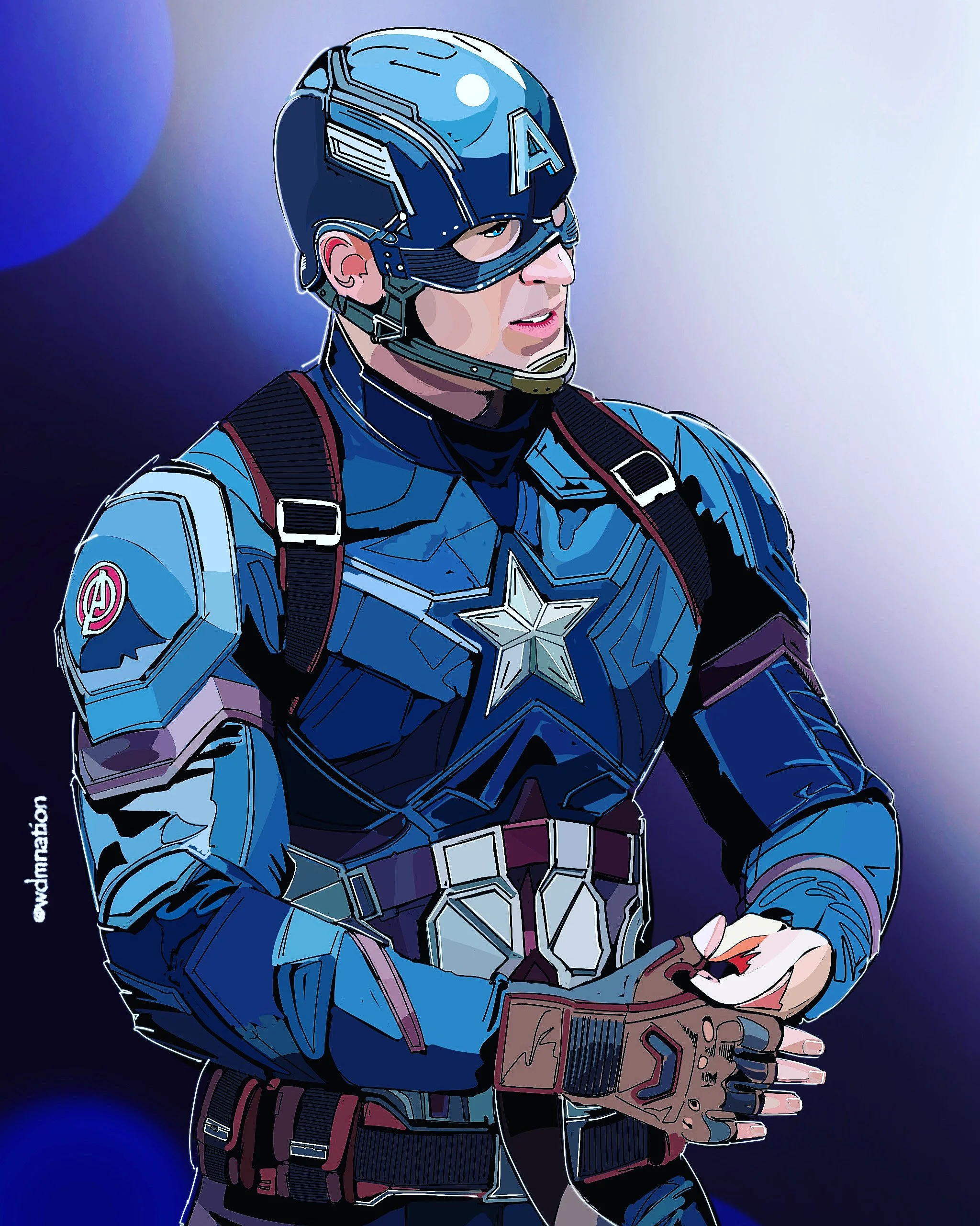 A digital illustration of Captain America in his costume, wearing a helmet with an 'A', and a suit with a star emblem, against a blue and white background.