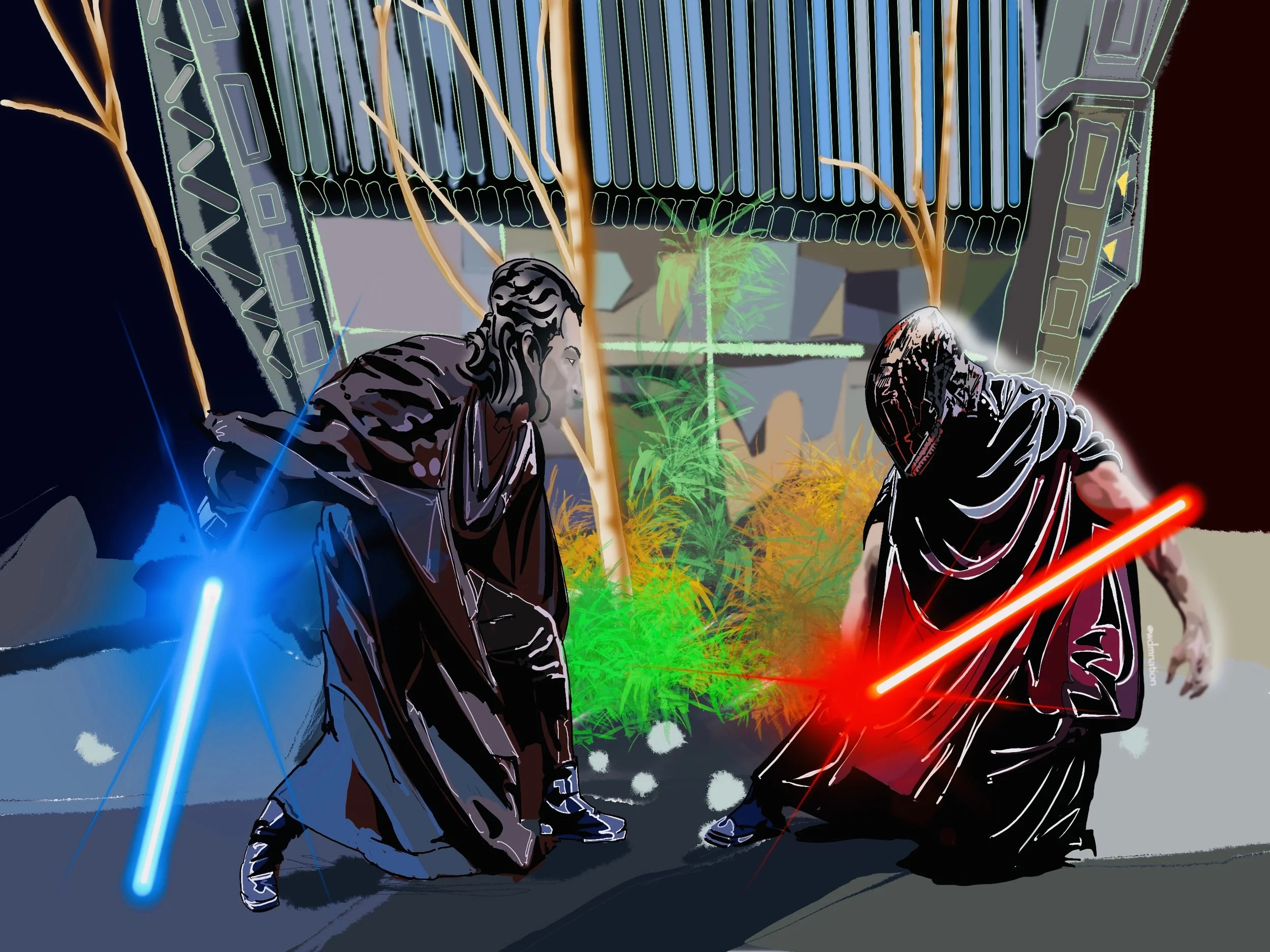 Two stylized figures wielding lightsabers, one blue and one red, appear to be engaged in a duel in an abstract, sci-fi setting with a futuristic backdrop, vibrant colors, and plants.