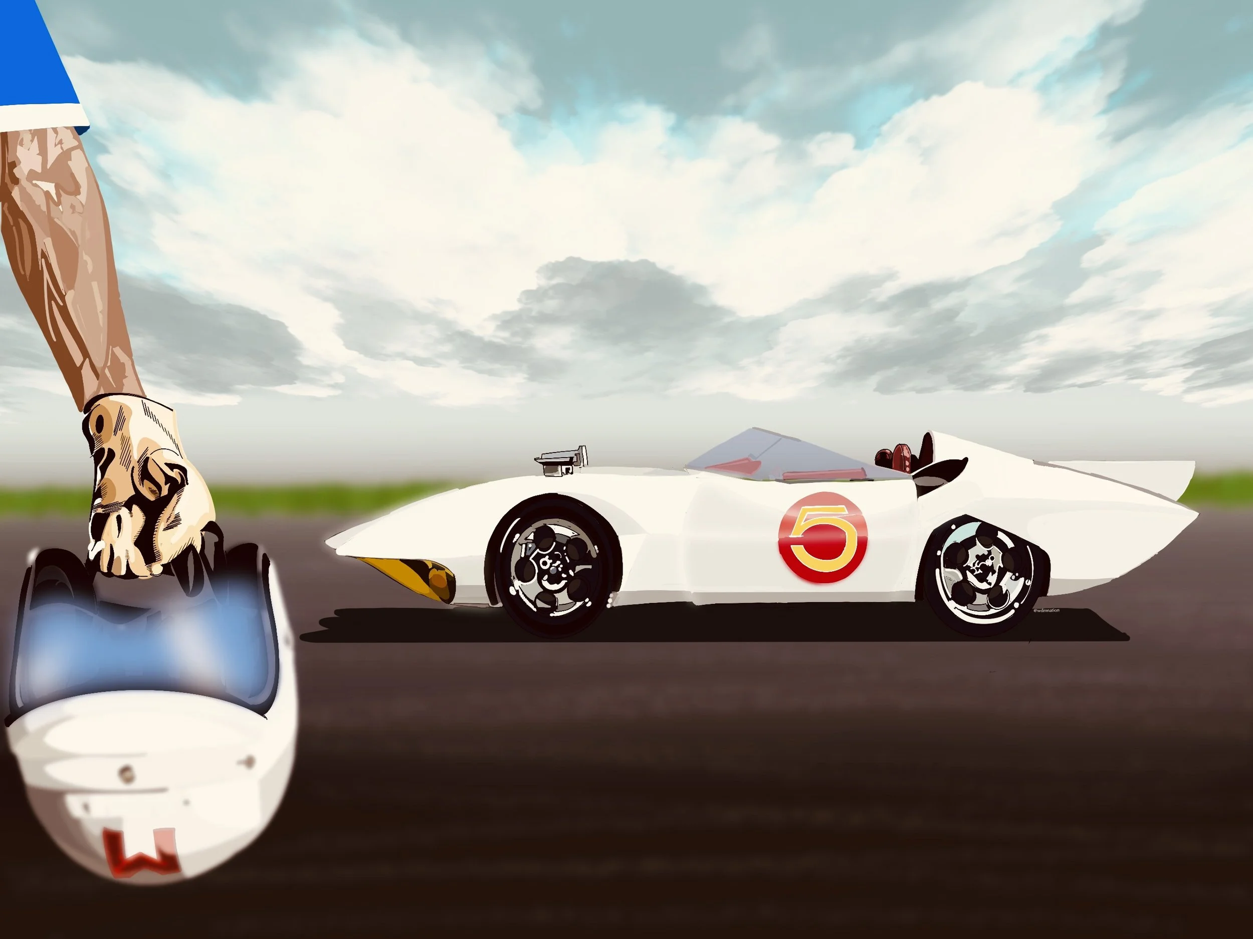 A person with a tattooed arm is holding the steering wheel of a small white race car with a skull and the number 5 on the side. In the background, there is a sleek white vehicle with a red circular number 5 logo, parked on a flat surface under a part