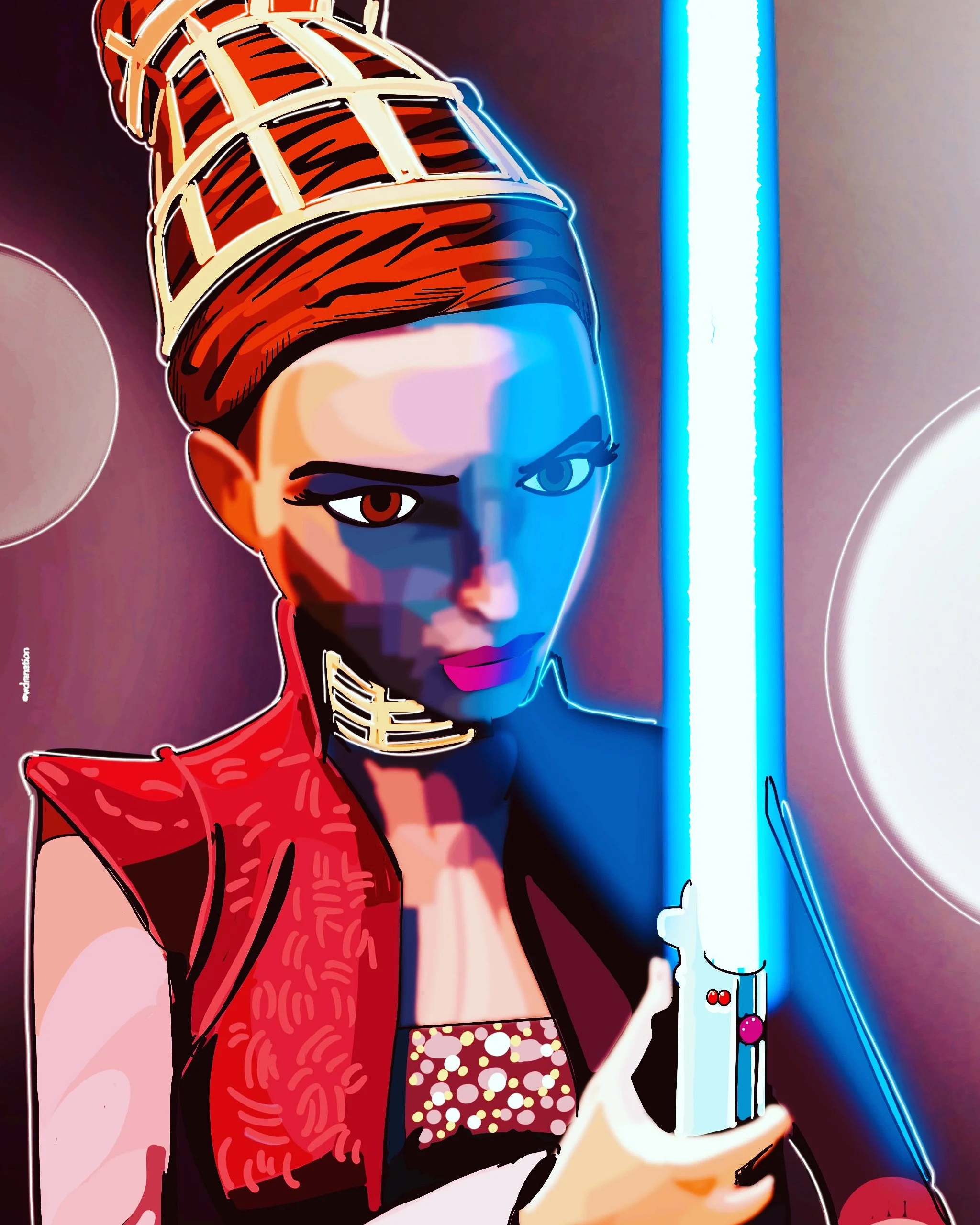 A digital illustration of a woman with an intense gaze, holding a blue lightsaber, wearing a red vest, with a futuristic and colorful background.