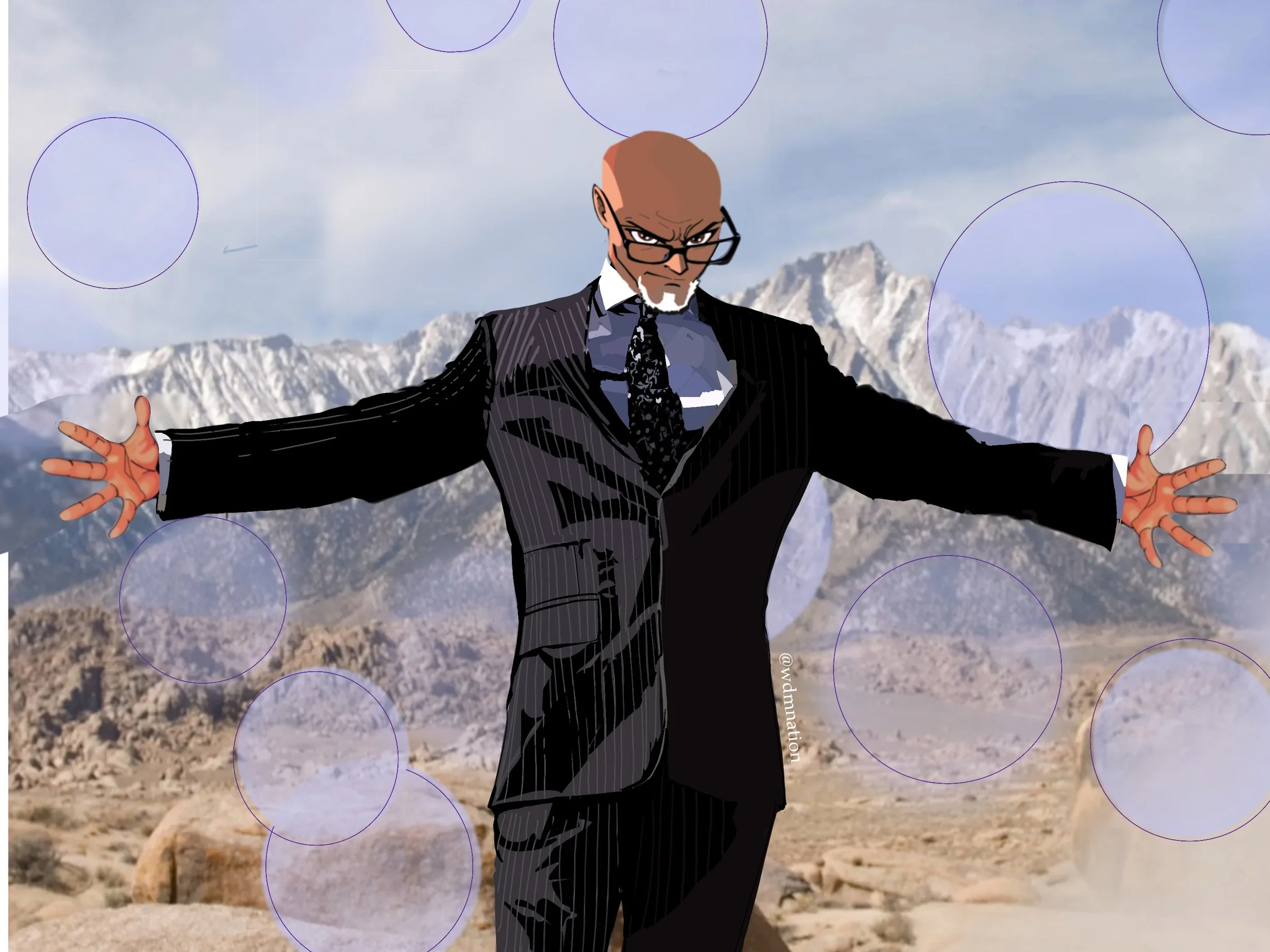 An animated man in a black suit, glasses, and a tie stands with his arms extended in a desert landscape with mountains in the background, and circular light effects surrounding him.