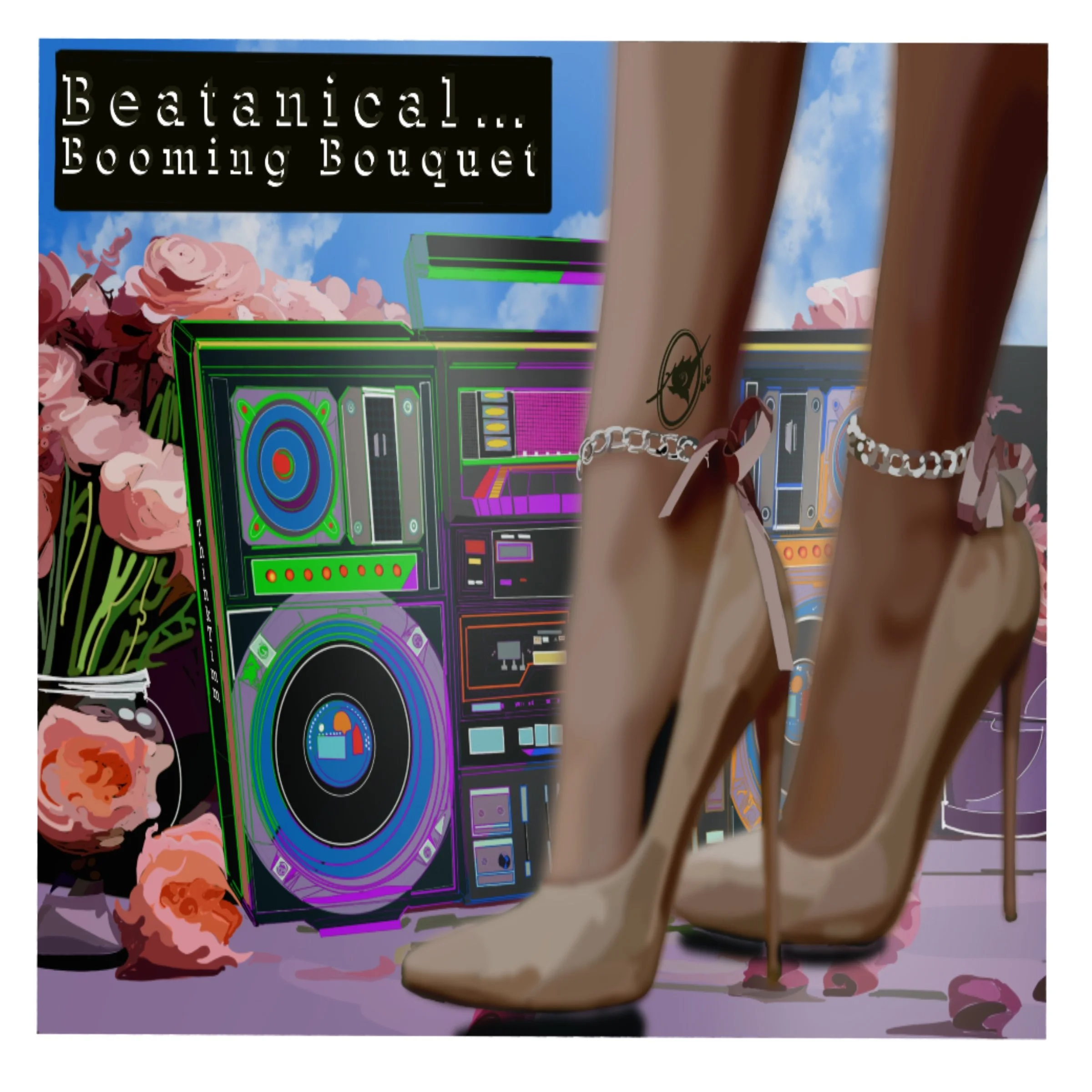 A pair of beige high-heeled shoes, with anklets, in front of a colorful digital boombox and pink roses. A sign reads 'Beatanical... Booming Bouquet' and a clear blue sky with clouds is in the background.