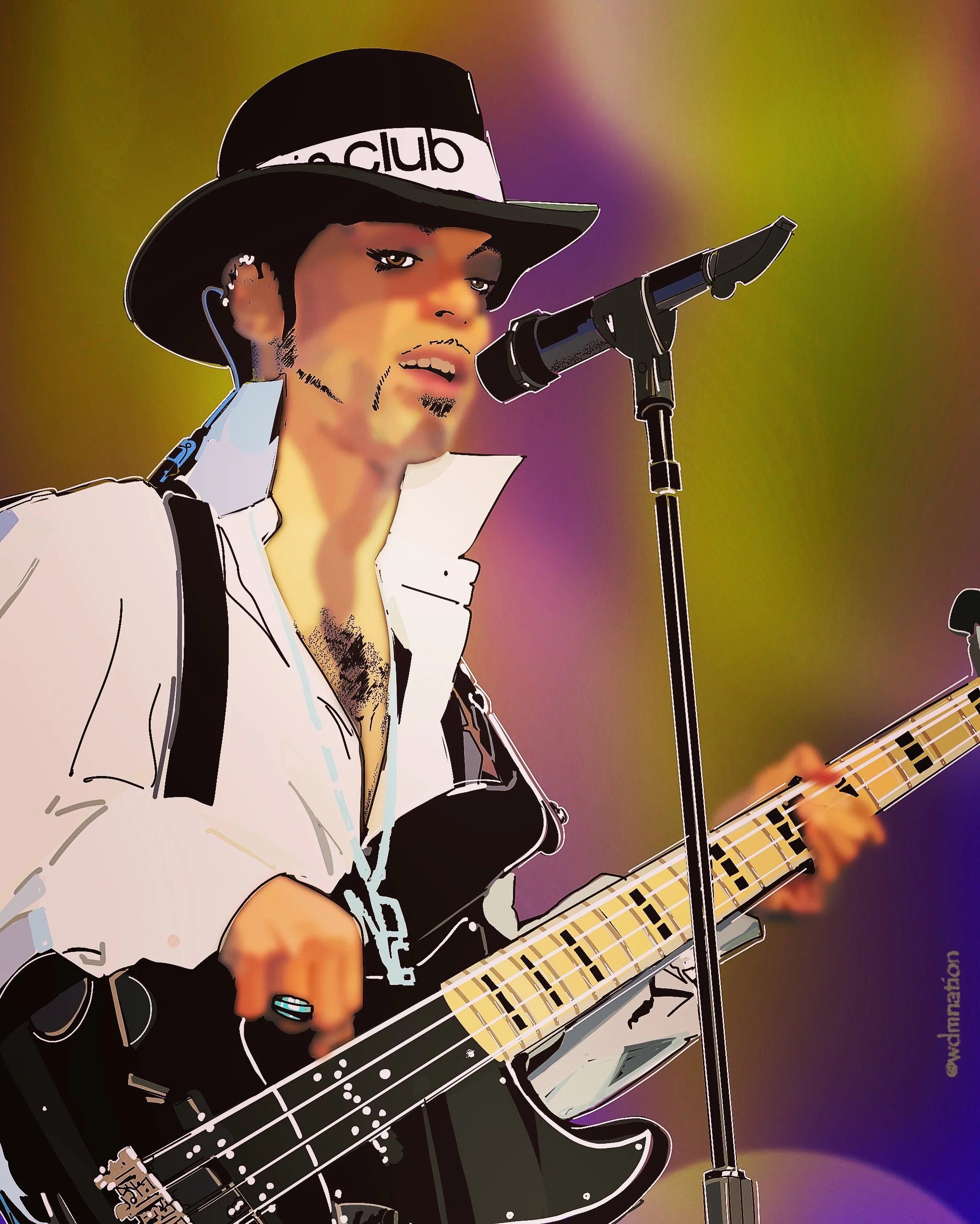 A digital illustration of a Prince with a guitar singing into a microphone, wearing a black hat with a white band labeled 'club', with a colorful blurred background.