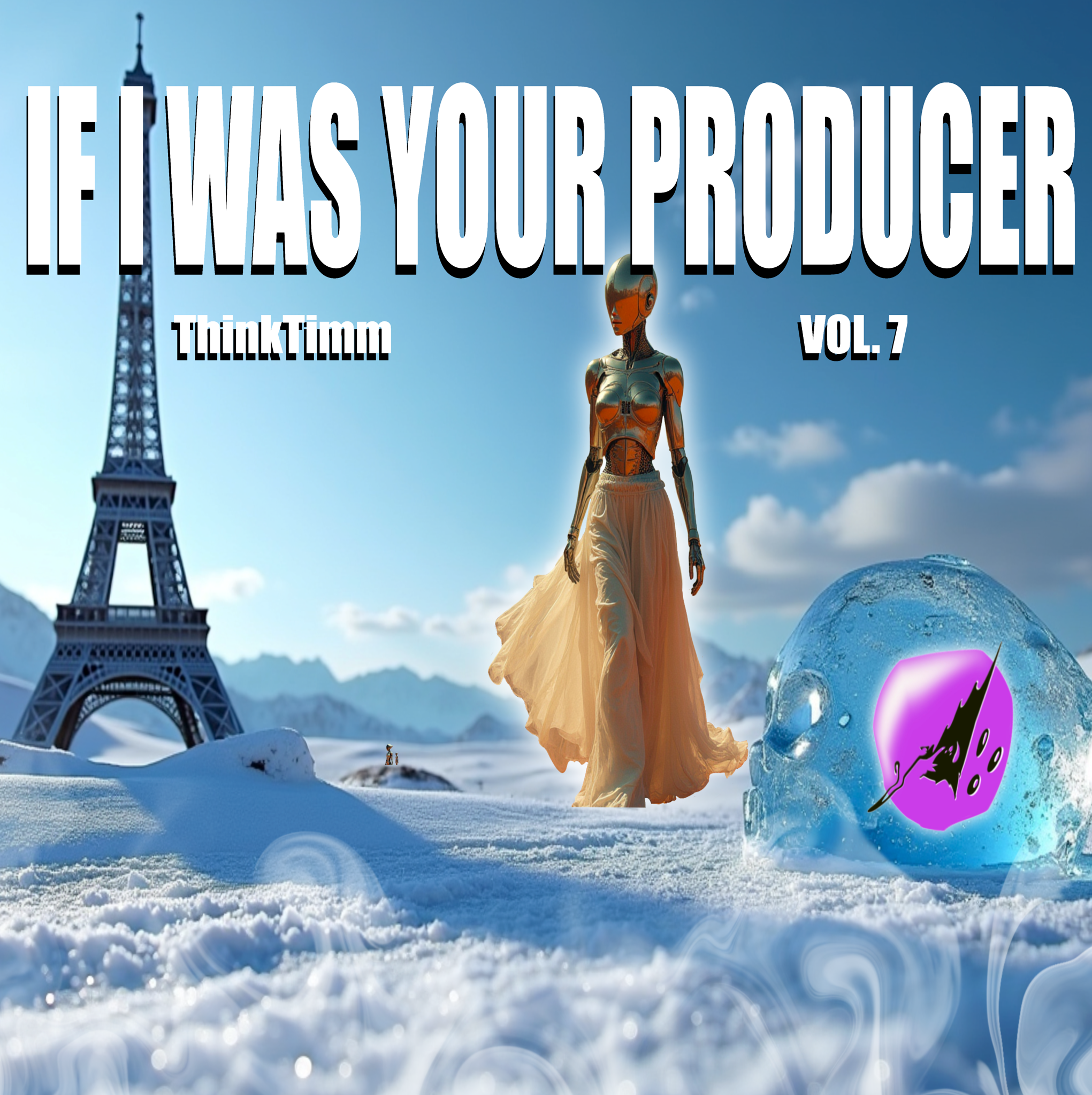 A futuristic scene featuring a humanoid robot in a flowing skirt, the Eiffel Tower in the background, and a large glass orb with a logo. The sky is blue with clouds and snow on the ground.