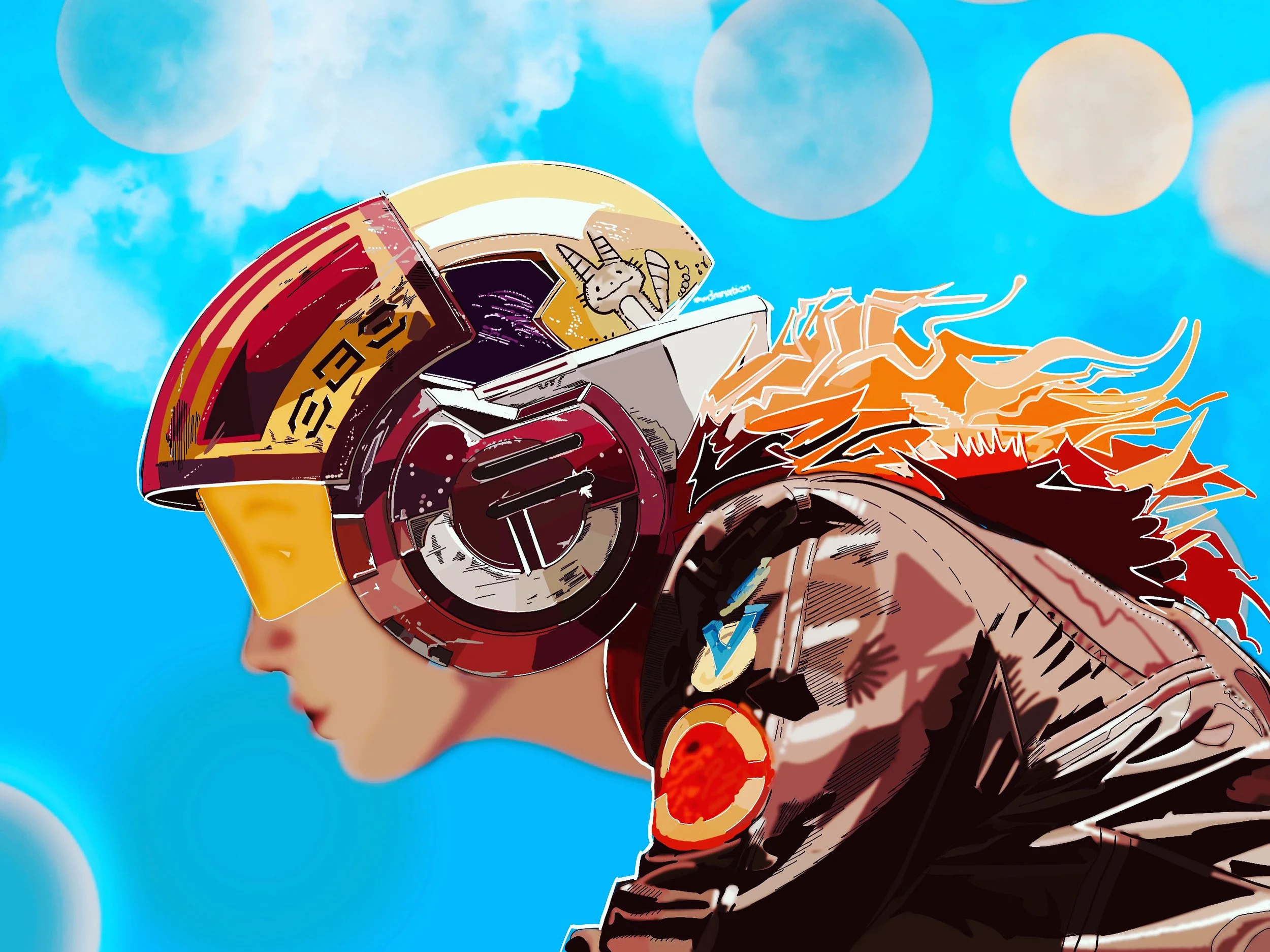 Digital illustration of a woman wearing futuristic headphones with a colorful design, against a bright blue sky with clouds and large light orbs in the background.