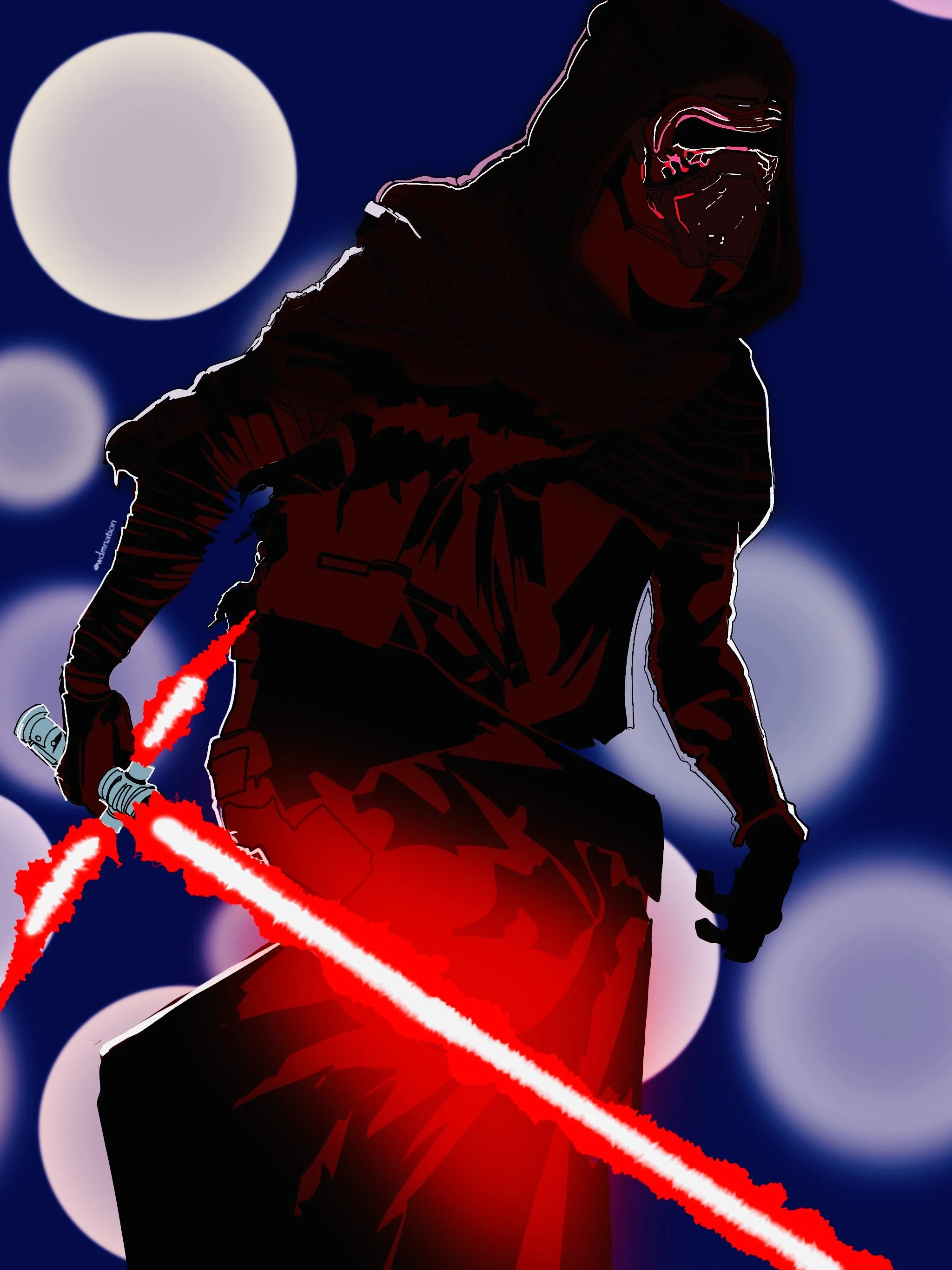 A digital illustration of a person wearing a mask and dark clothing, holding red laser swords, with a bright full moon and bokeh lights in the background.