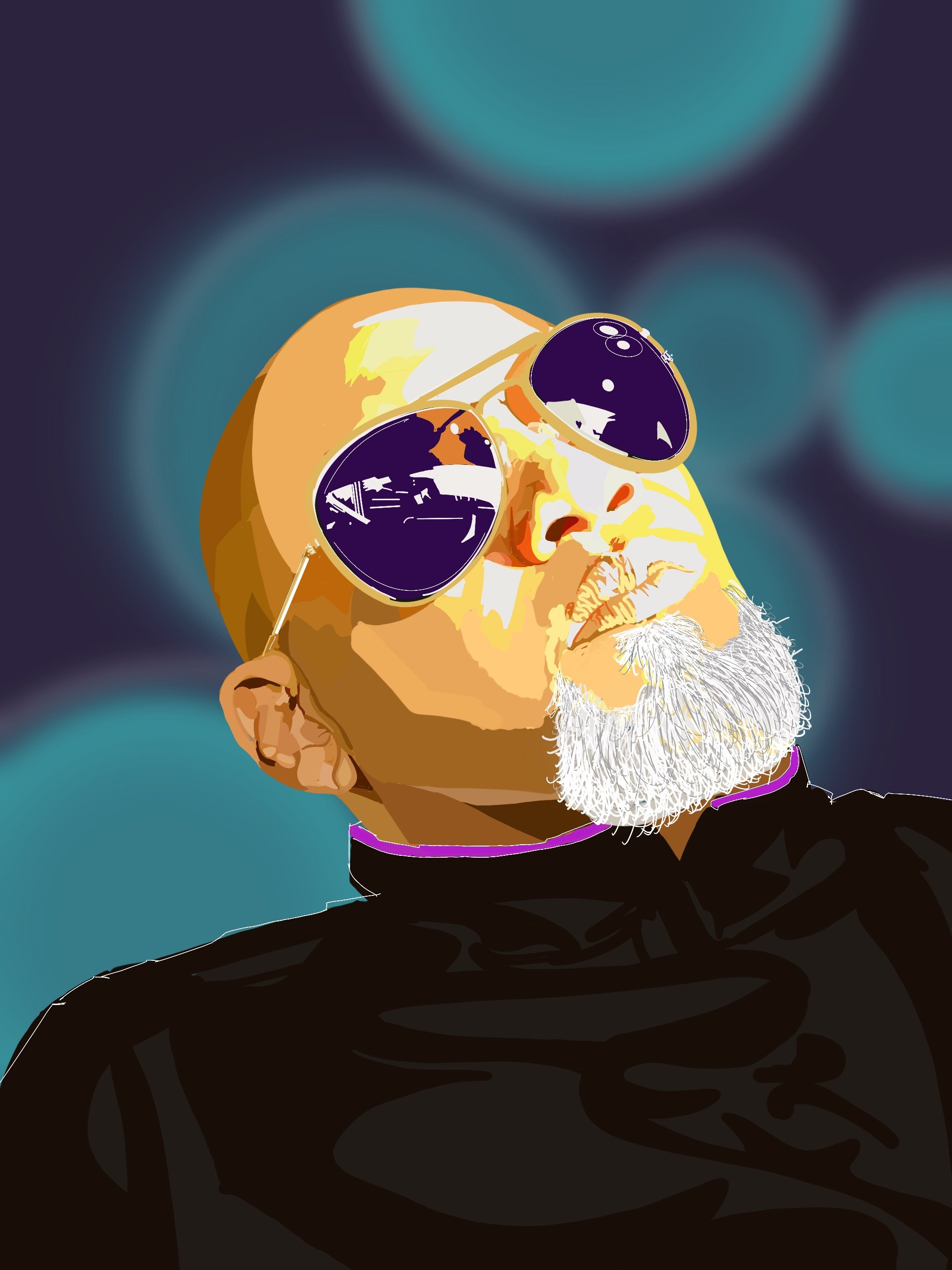 Digital illustration of a man with a white beard wearing sunglasses and a dark shirt, looking off to the side, with a colorful, blurred background.
