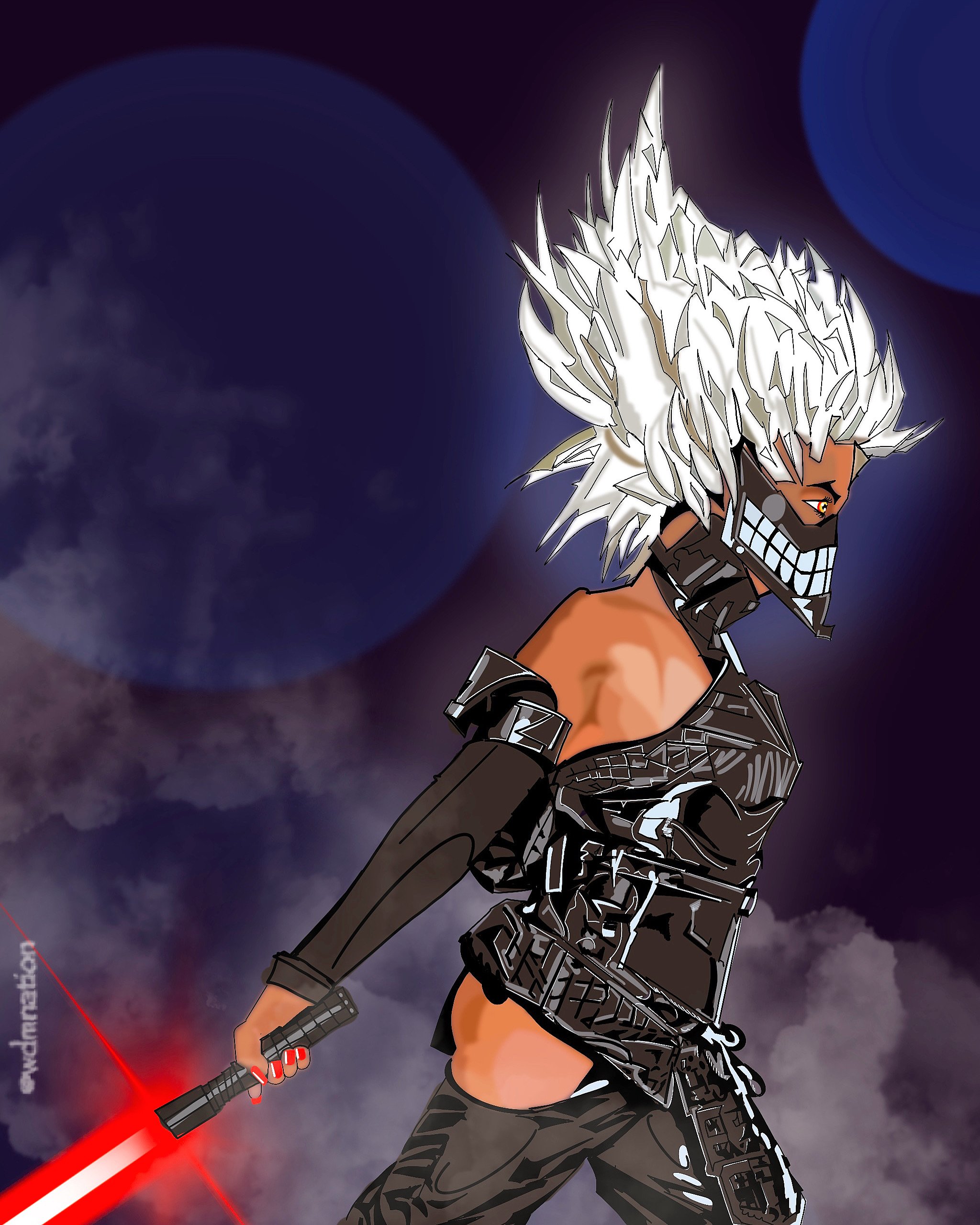 Anime-style character with wild white hair, wearing black clothing, holding a red lightsaber, standing against a dark sky with clouds and a large moon.