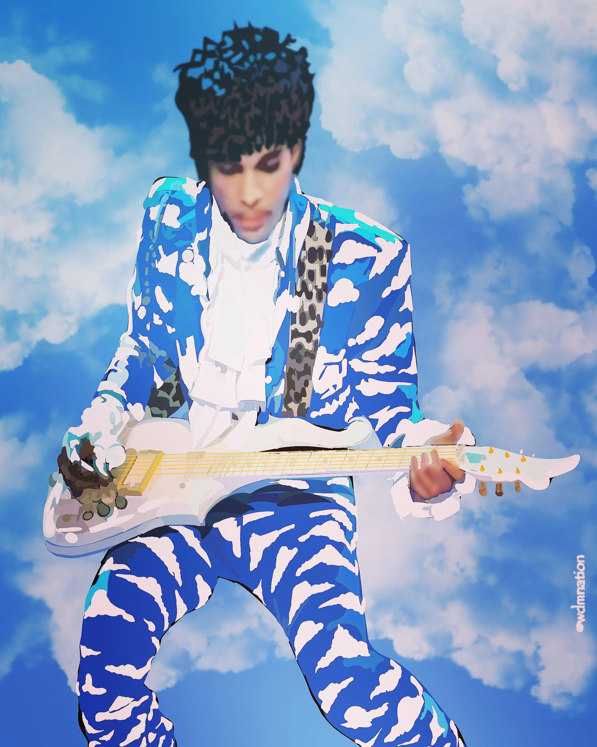 Prince playing an electric guitar against a background of blue sky and fluffy clouds, wearing a cloud patterned blue and white suit and a leopard print strap.