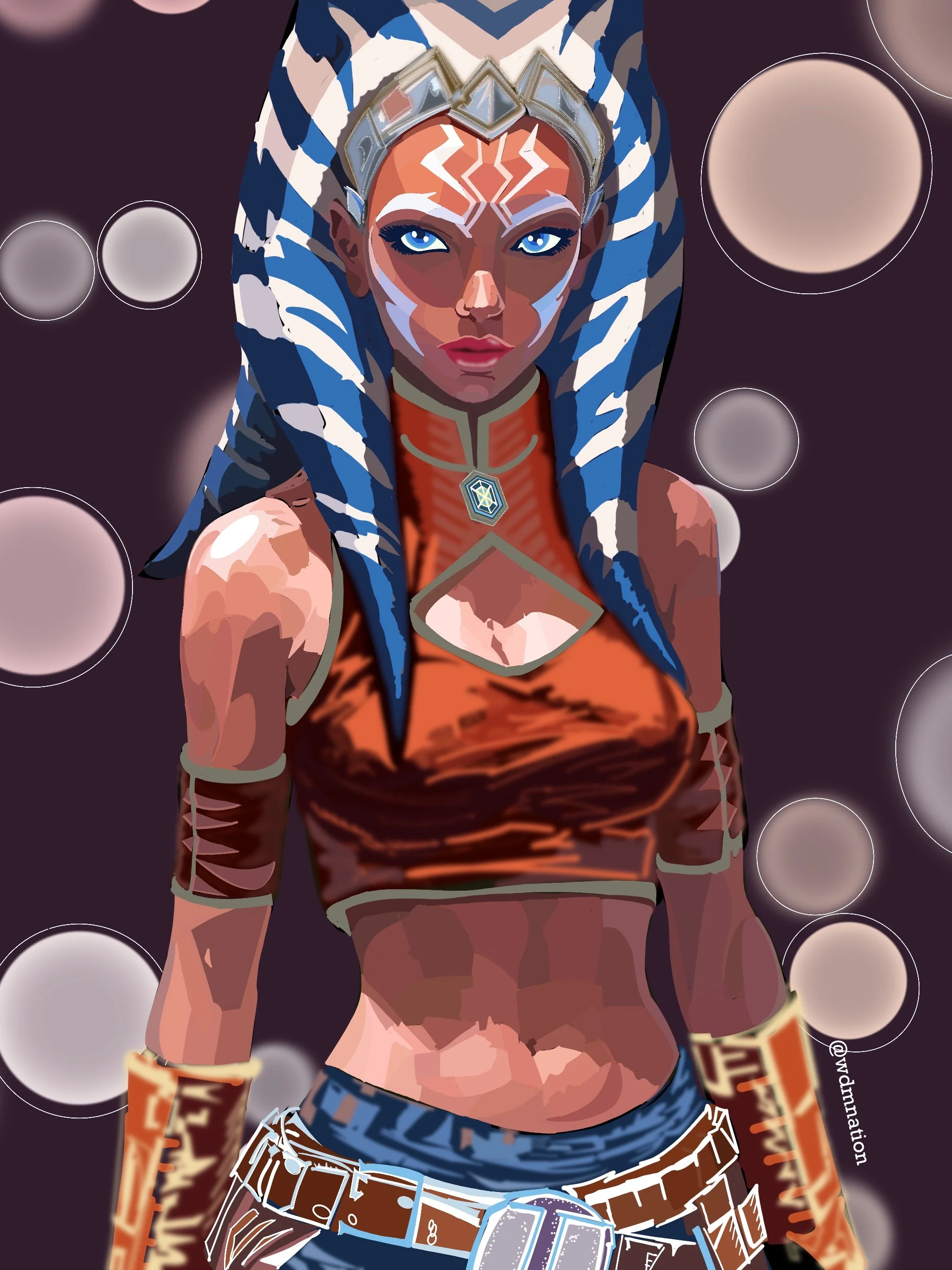 Digital illustration of a woman with blue and white striped hair, intense blue eyes, makeup, and tribal face paint, wearing a sleeveless orange top, wristbands, and accessories with a dark background and circular light effects.
