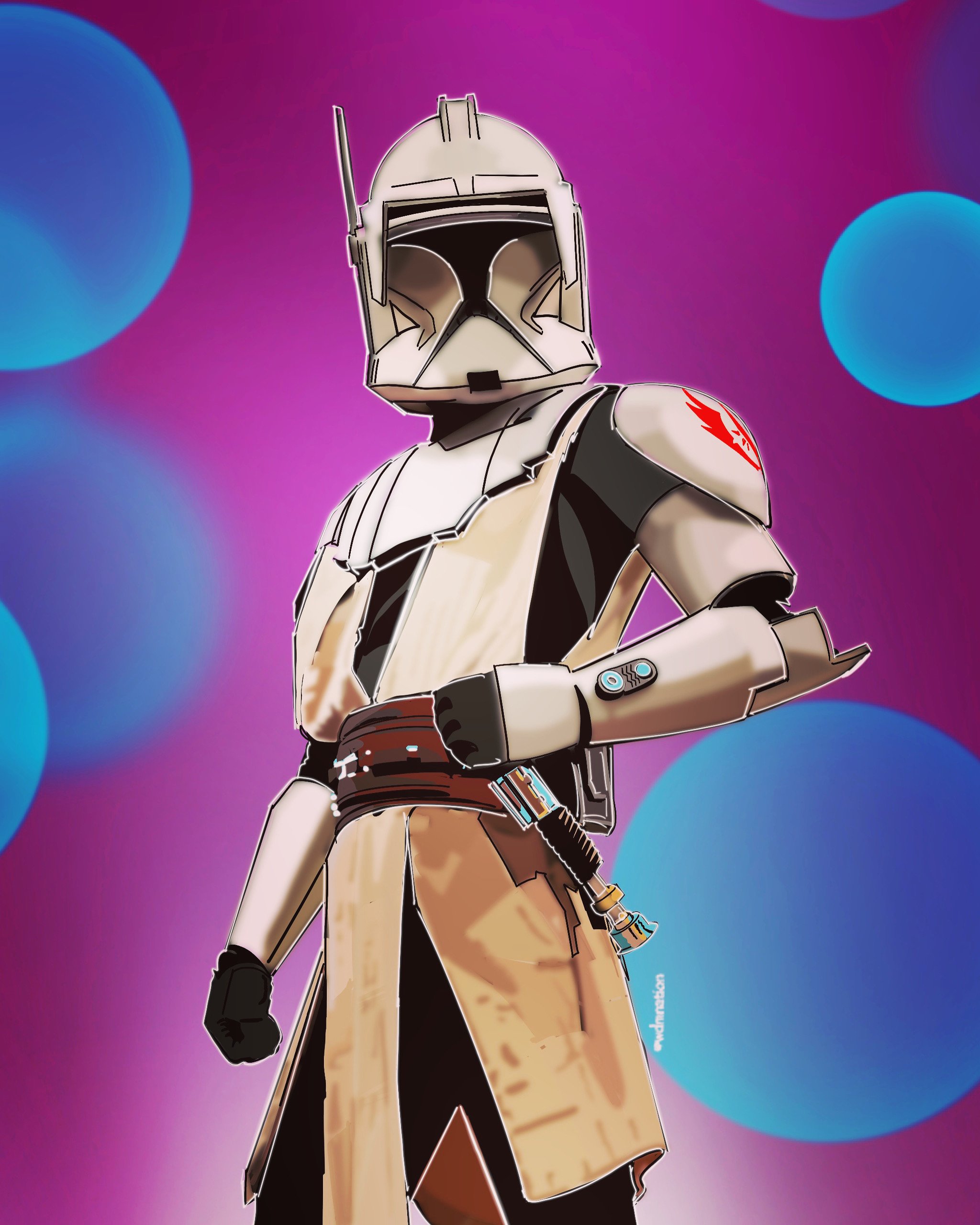 Digital illustration of a Star Wars clone trooper in armor, standing with arms crossed, against a vibrant pink and purple background with blue circles.