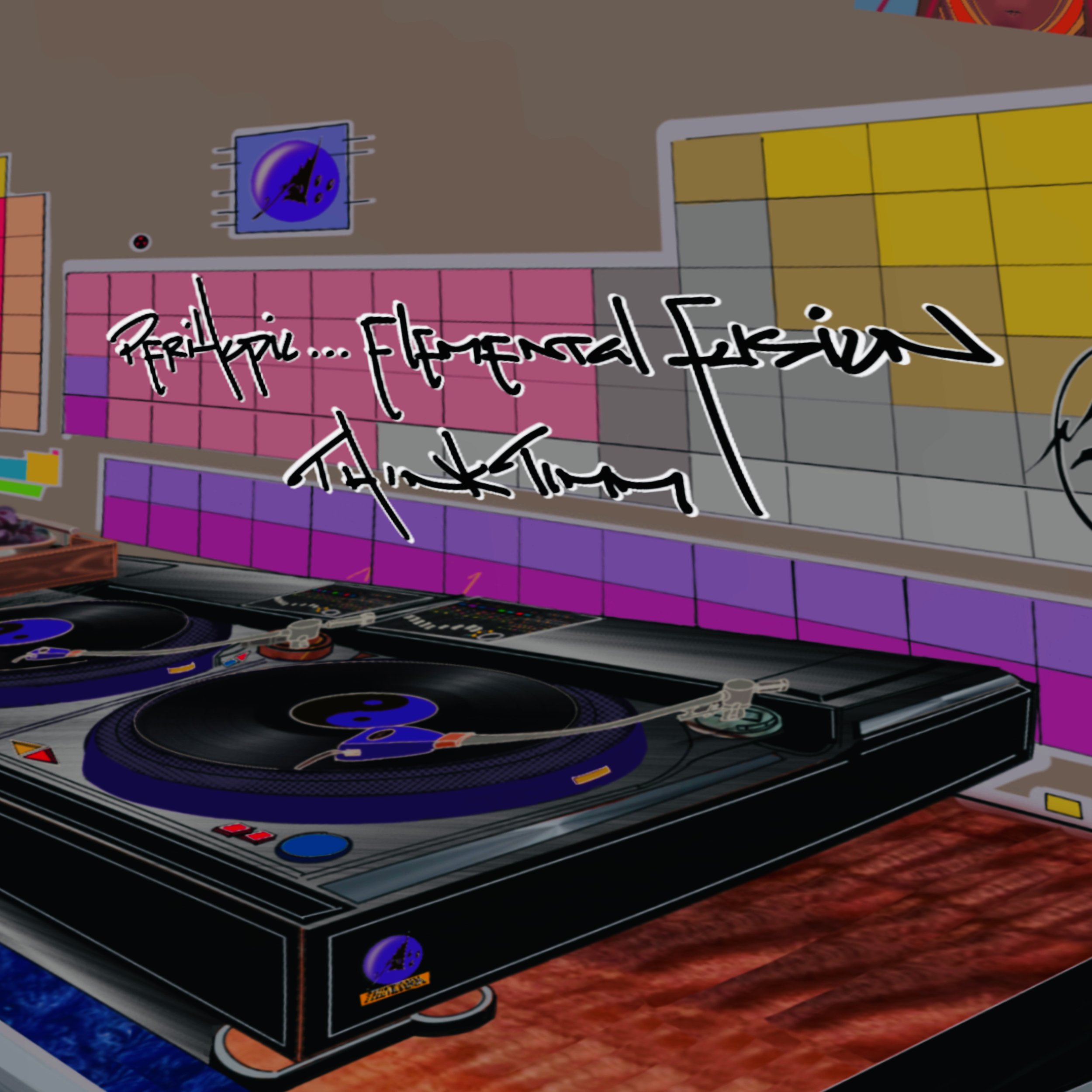 A DJ setup with turntables and a mixer on a table, with colorful soundproof tiles on the wall behind, featuring a graffiti-style text "Frightful...Fleming Education Tactics" and a small logo of a purple moon and cityscape.