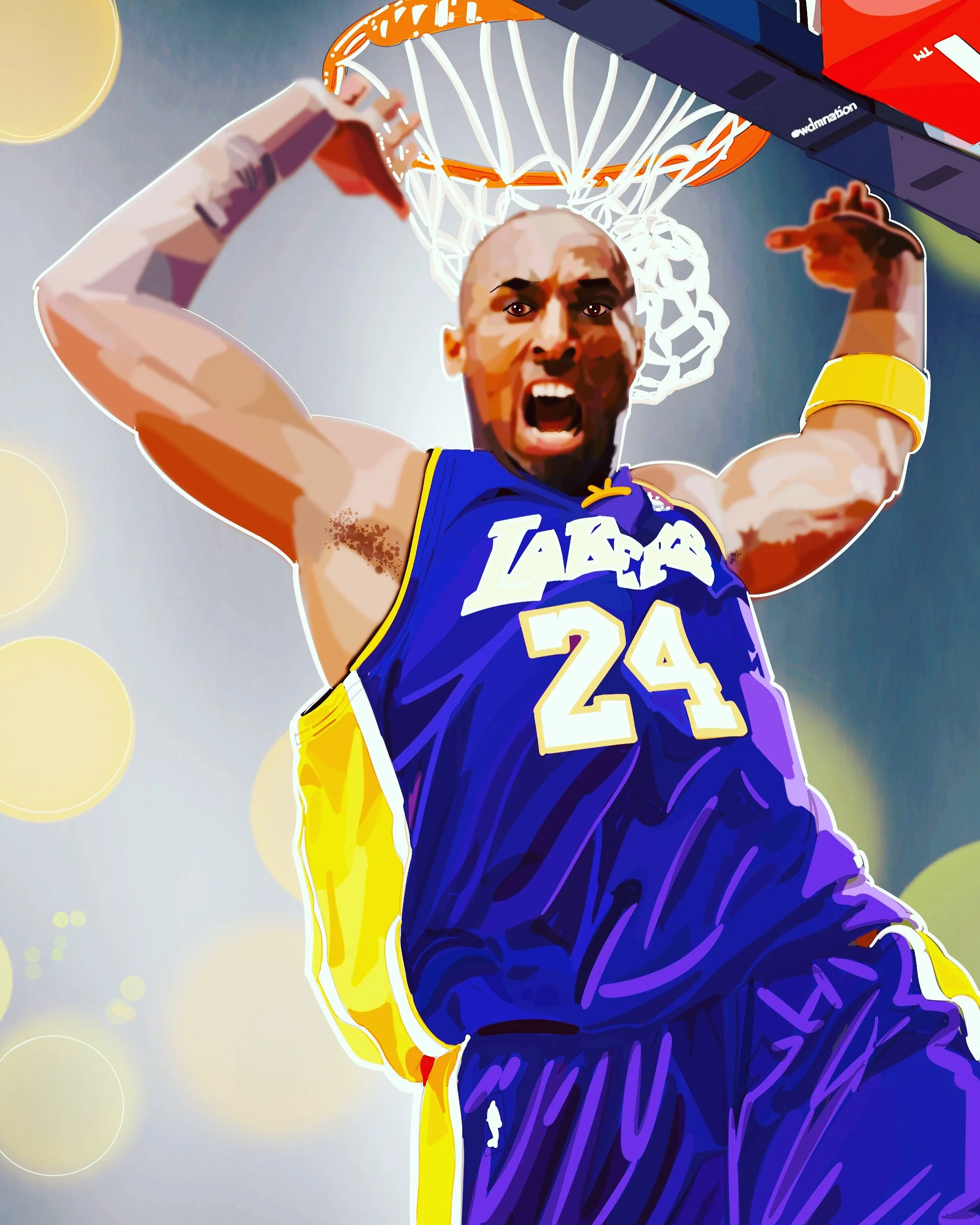 Illustration of a Kobe Bryant wearing a Purple Los Angeles Lakers jersey with the number 24, dunking a basketball into a hoop, with an expressive facial expression.
