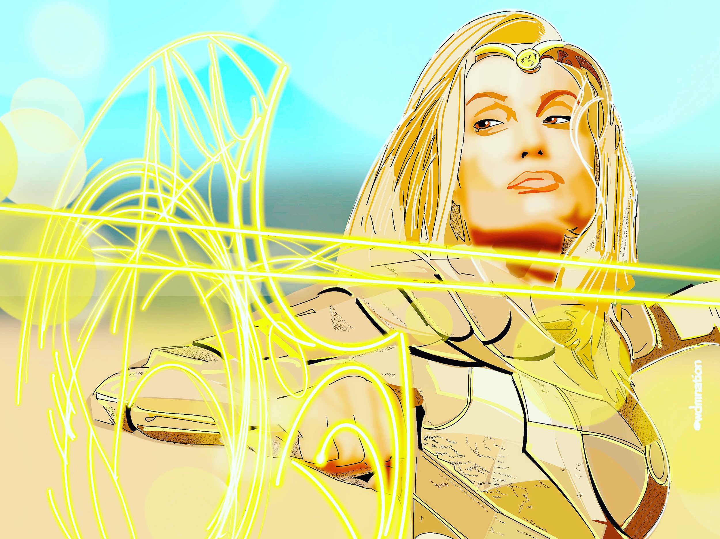 Digital illustration of a woman with long blonde hair, wearing a beige jacket and a headband, lying on the ground with her arm extended. Bright yellow light trails swirl around her, with the word 'ARMY' faintly visible in the background against a blu