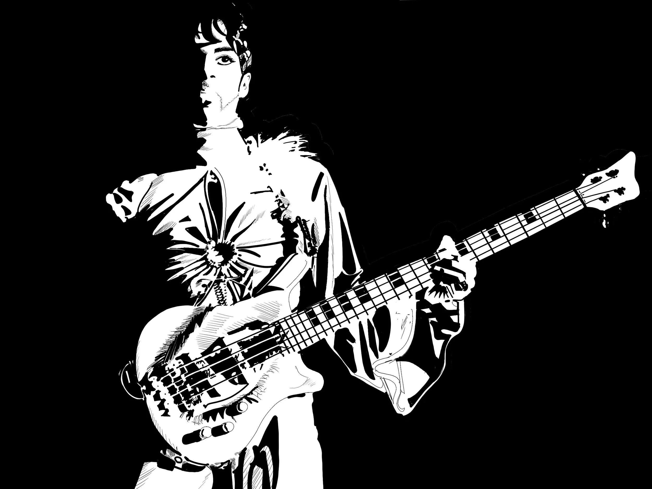 Black and white illustration of a Prince holding an electric bass guitar, with a stylized, graphic art style.