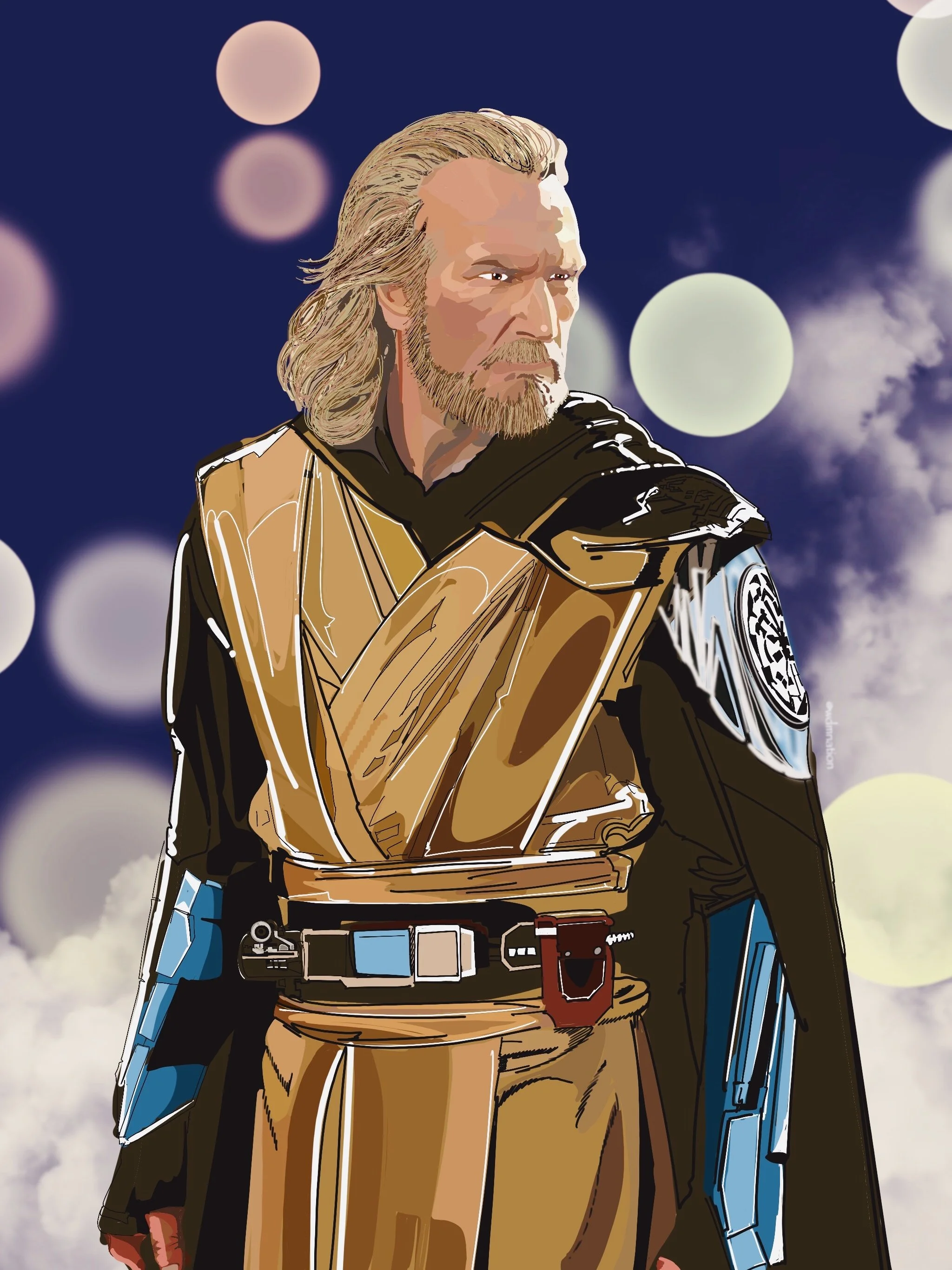 Digital illustration of a man dressed as a Star Wars character with a background of clouds and bokeh lights.