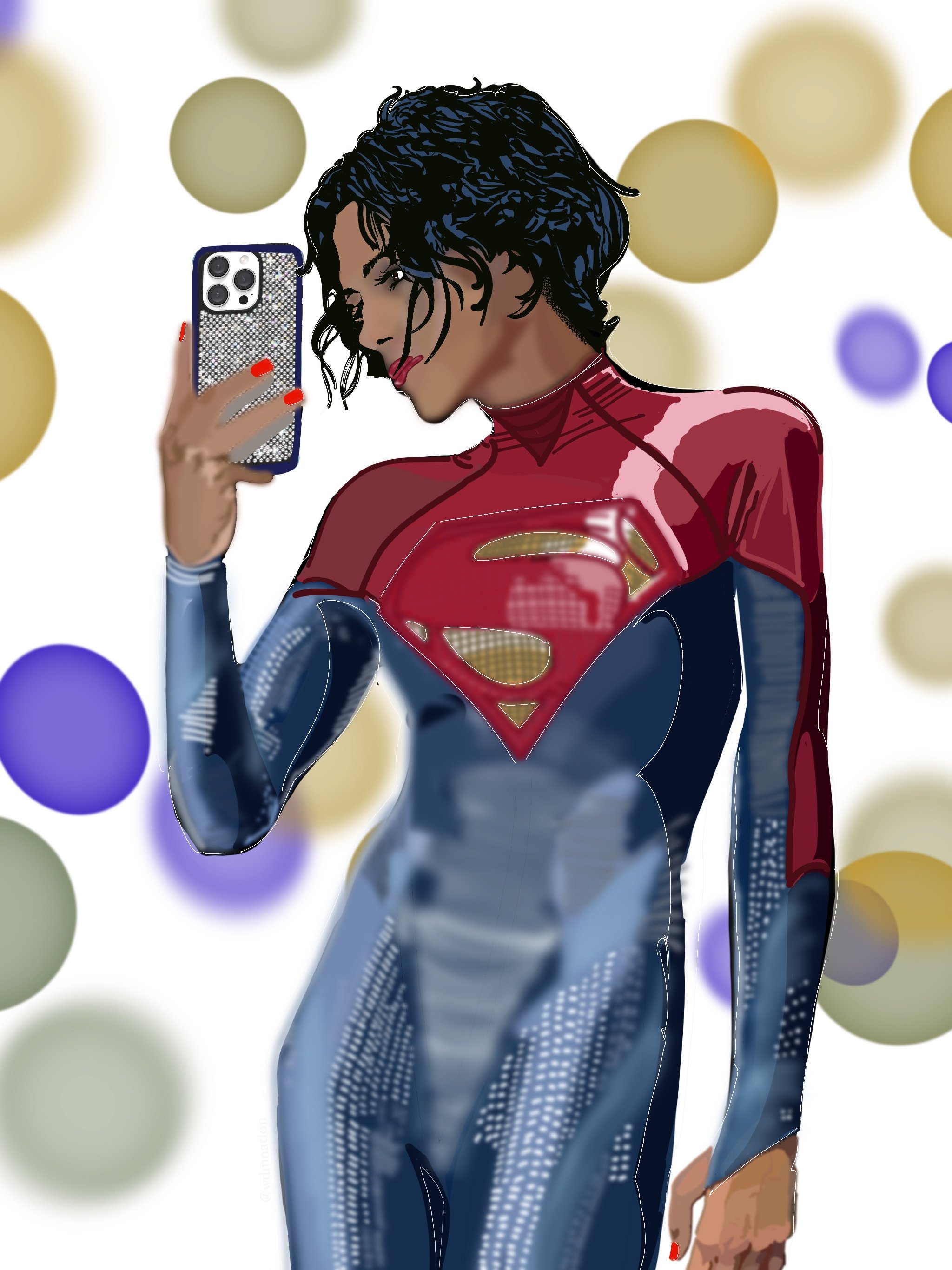 Digital illustration of a woman dressed as Superman taking a selfie with a smartphone, with a background of colorful blurred circles.