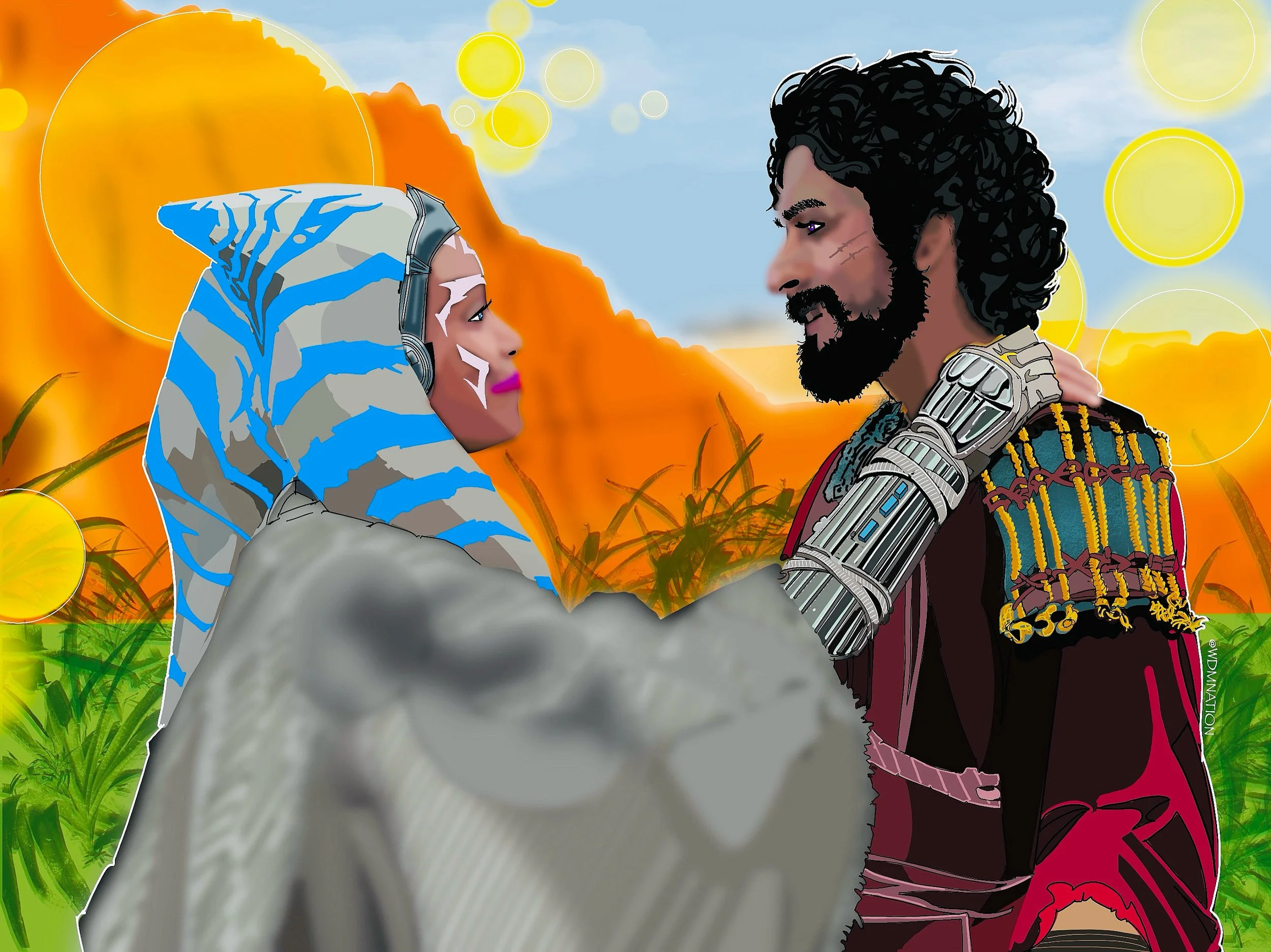 A woman dressed as a Jedi from Star Wars, wearing a gray and blue striped hood, hands on a man's shoulder. The man, also dressed as a Star Wars character, has a cybernetic arm, a beard, curly hair, and wears colorful armor. They stand face to face ou