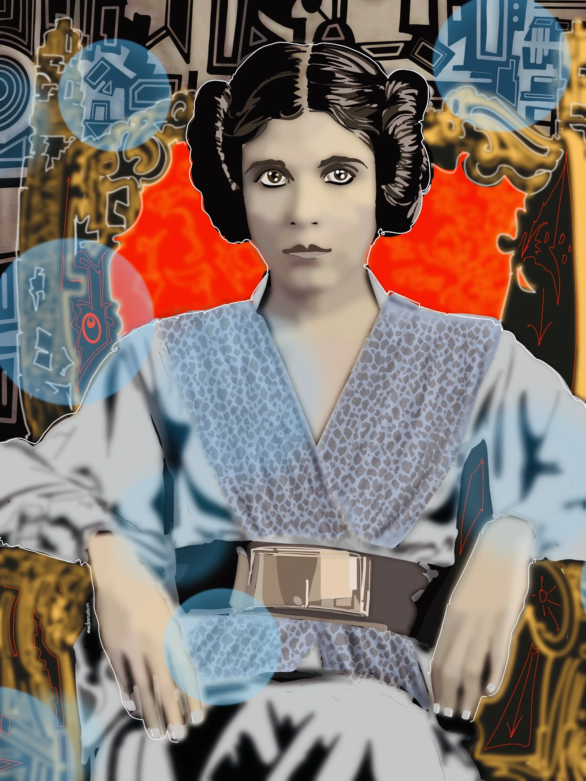 A stylized digital illustration of Princess Leia from Star Wars, portrayed as a woman with dark hair styled in buns, wearing a gray and blue patterned robe, sitting with a serious expression, with abstract and sci-fi themed background artwork.