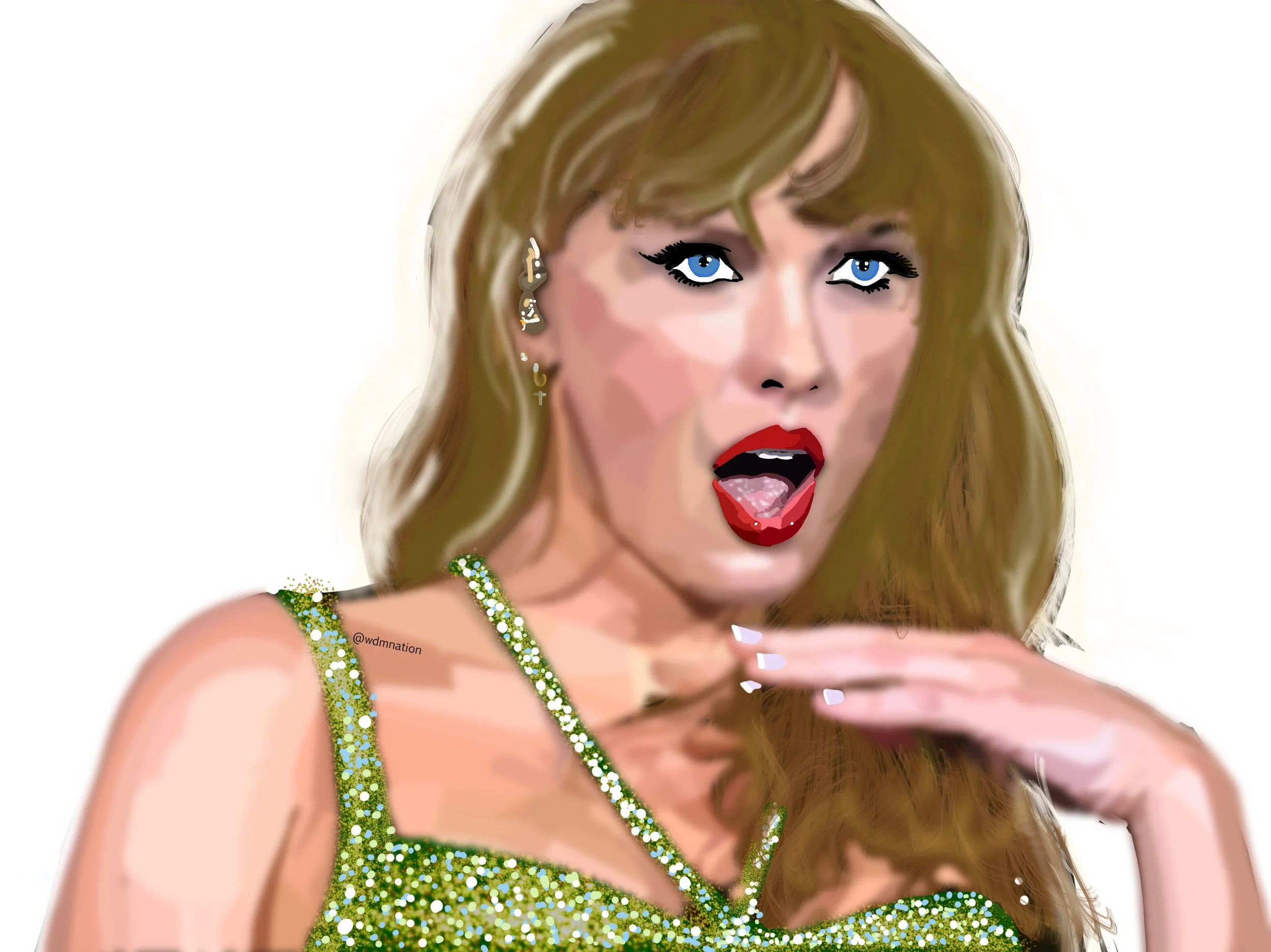 A digital painting of a surprised woman with blue eyes and red lipstick, wearing a green glittery dress, with her hand near her face and her mouth open.