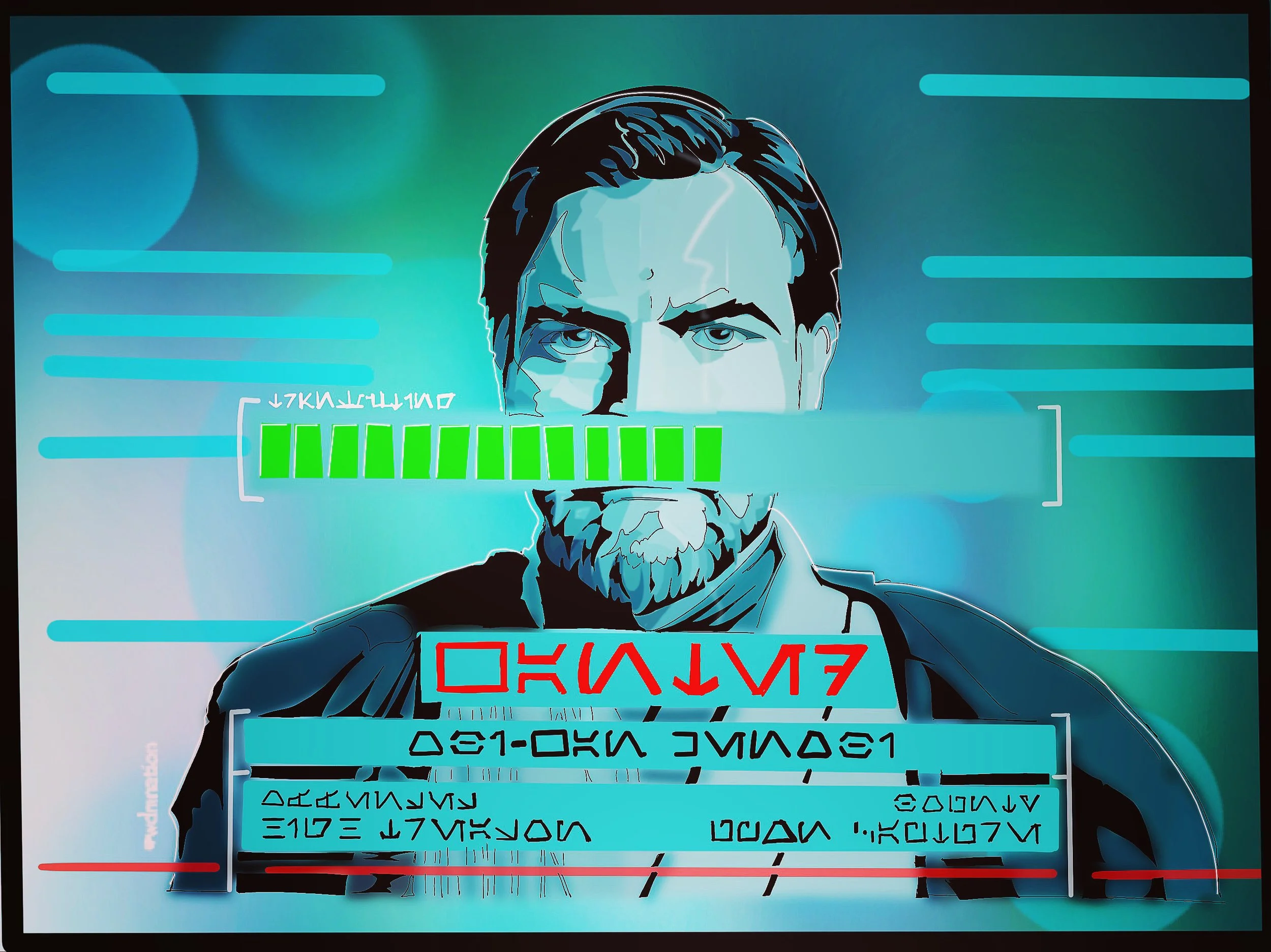 Futuristic digital screen displaying a male face with a beard and slicked-back hair, partially covered by data overlays, including red and green text and bars, with a sci-fi or cyberpunk aesthetic.