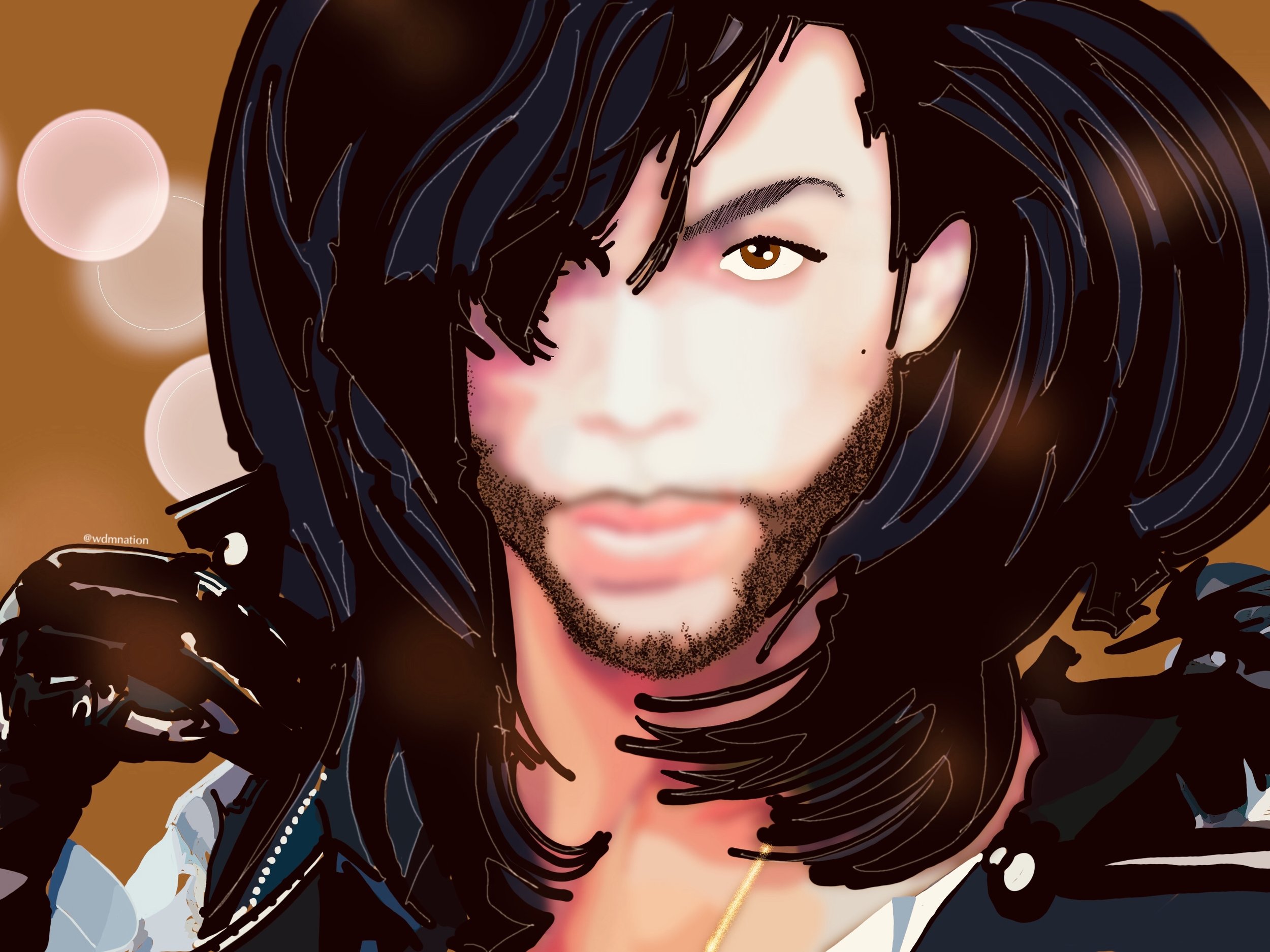 A digitally stylized portrait of a person with medium-length black hair, one eye visible, wearing a black leather jacket, and a gold chain, set against a brown background with soft, glowing circles.