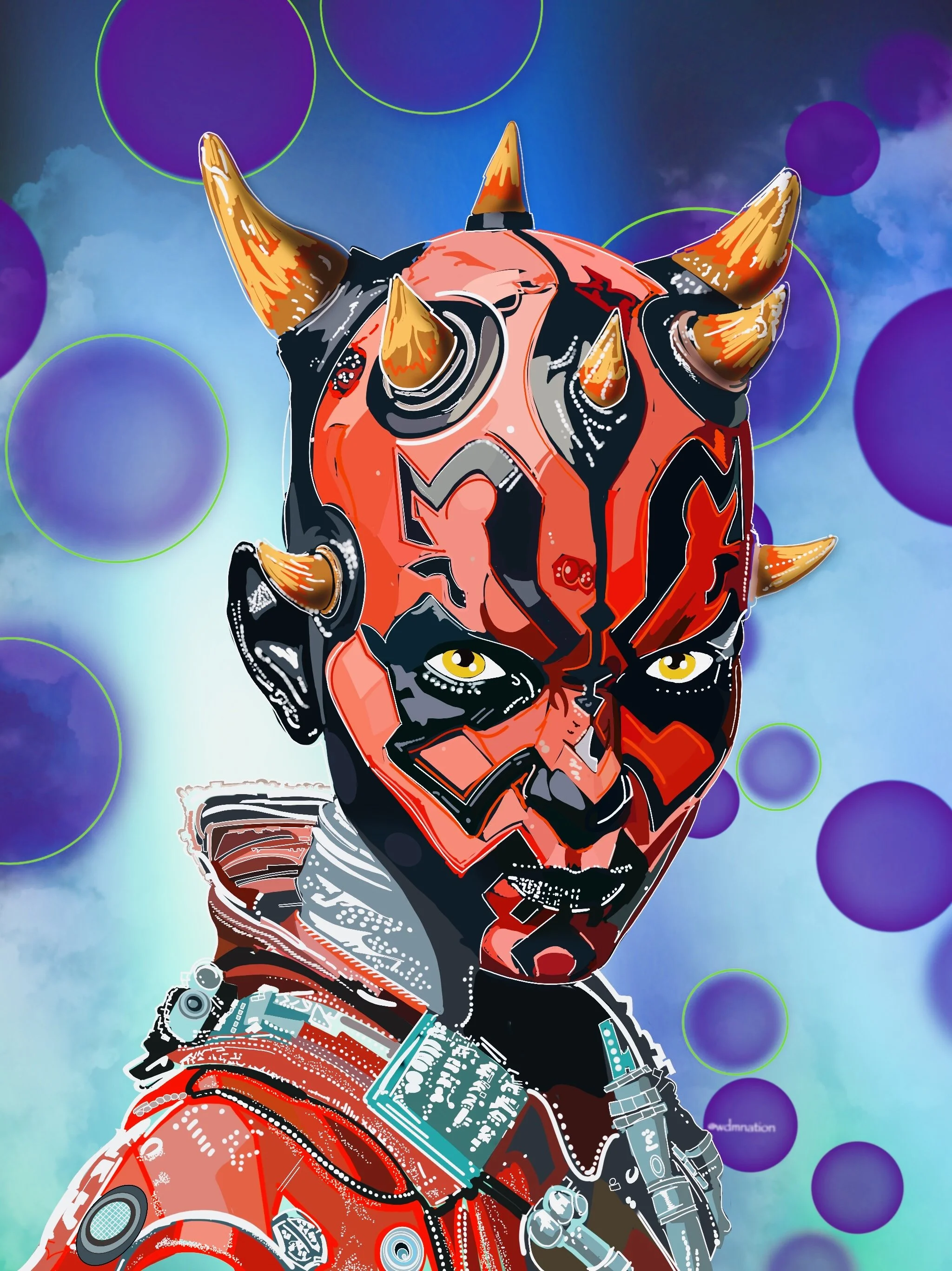 Digital illustration of a character with a robotic, red demonic mask featuring multiple horns and intense yellow eyes, set against a colorful abstract background with purple circles and blue sky.