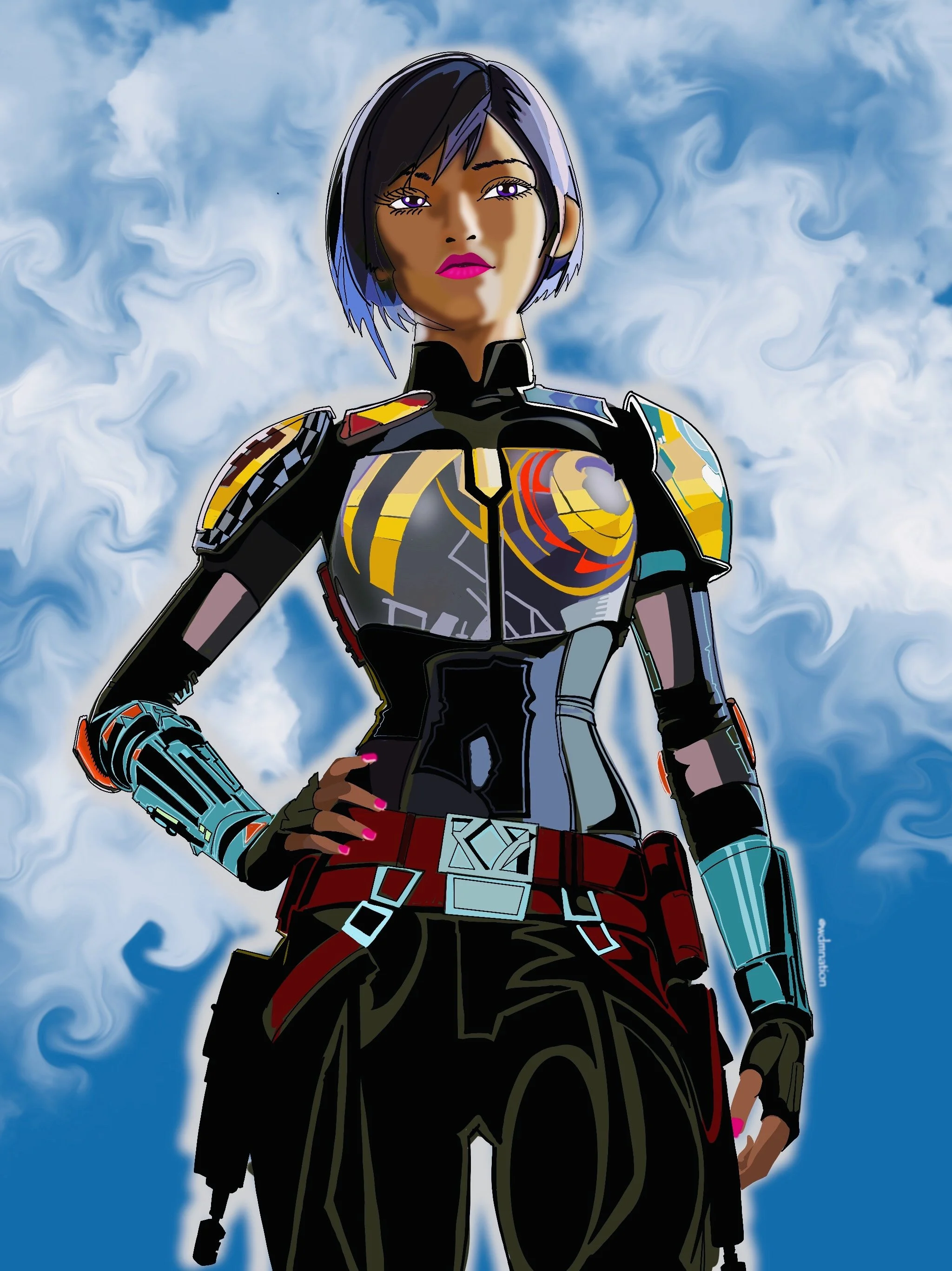 An animated female character with short dark hair and pink lipstick, wearing a futuristic black armored suit with colorful accents, standing against a background of swirling blue and white clouds.