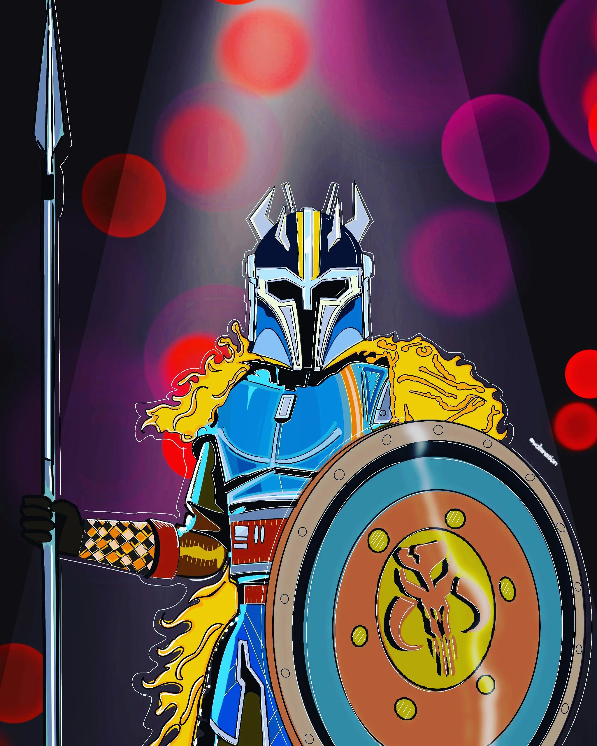 An illustration of a Mandalorian warrior from Star Wars, wearing a blue armor and helmet, holding a spear in one hand and a shield with a dragon emblem in the other, with multicolored blurred lights in the background.