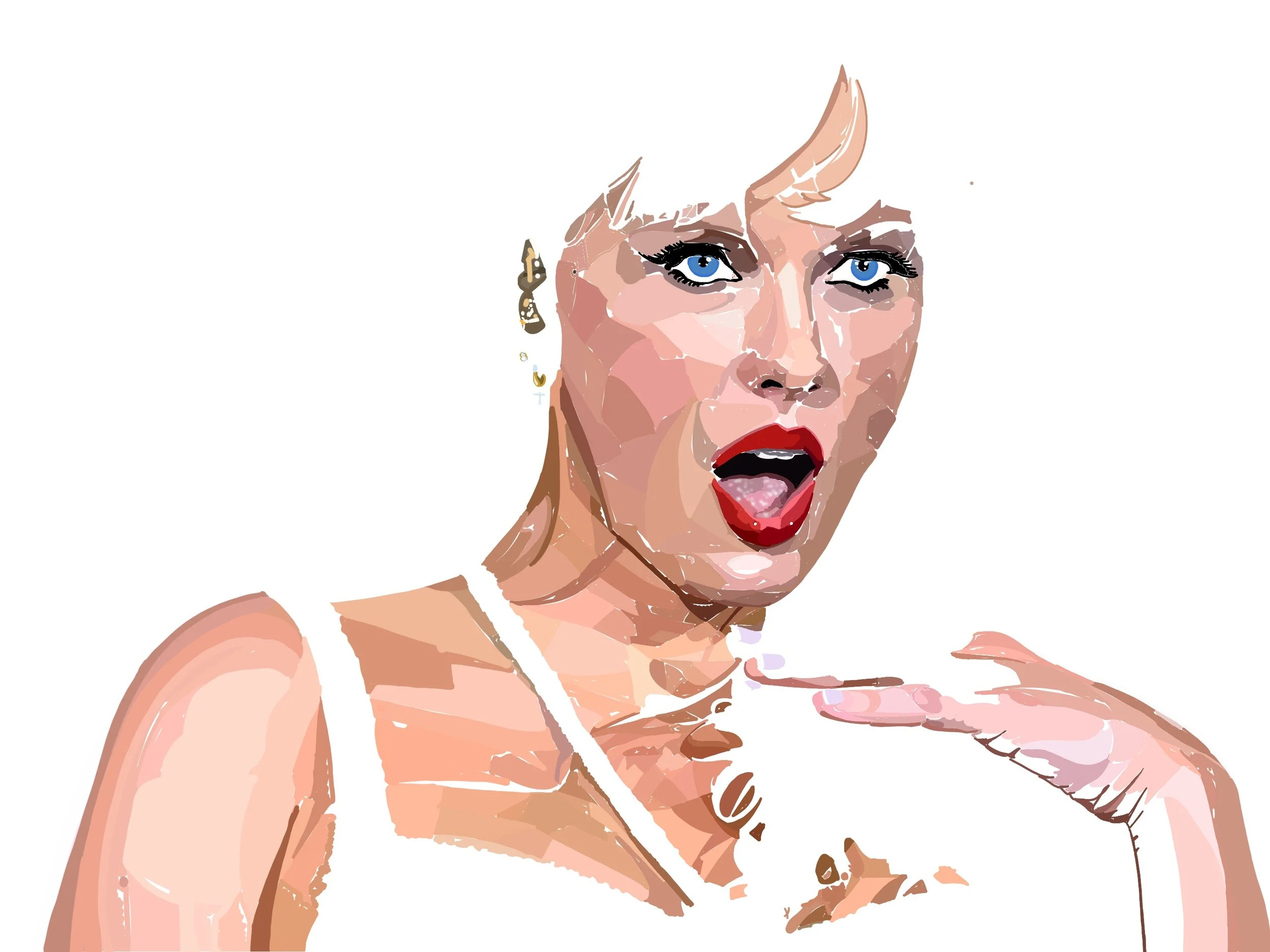 Stylized digital illustration of a woman with platinum blonde hair, bright blue eyes, and red lipstick, with her mouth open in surprise and her hand near her face.