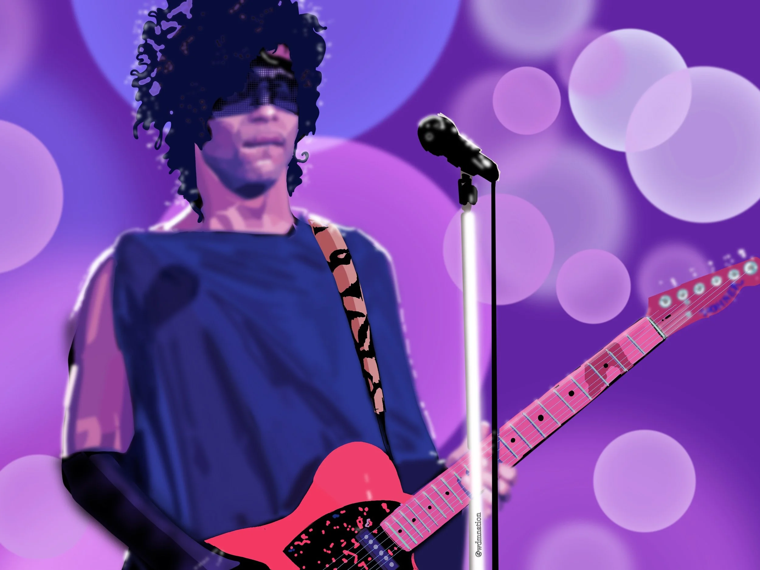 Prince with curly hair wearing a face mask playing a pink electric guitar on stage with a purple bokeh background.