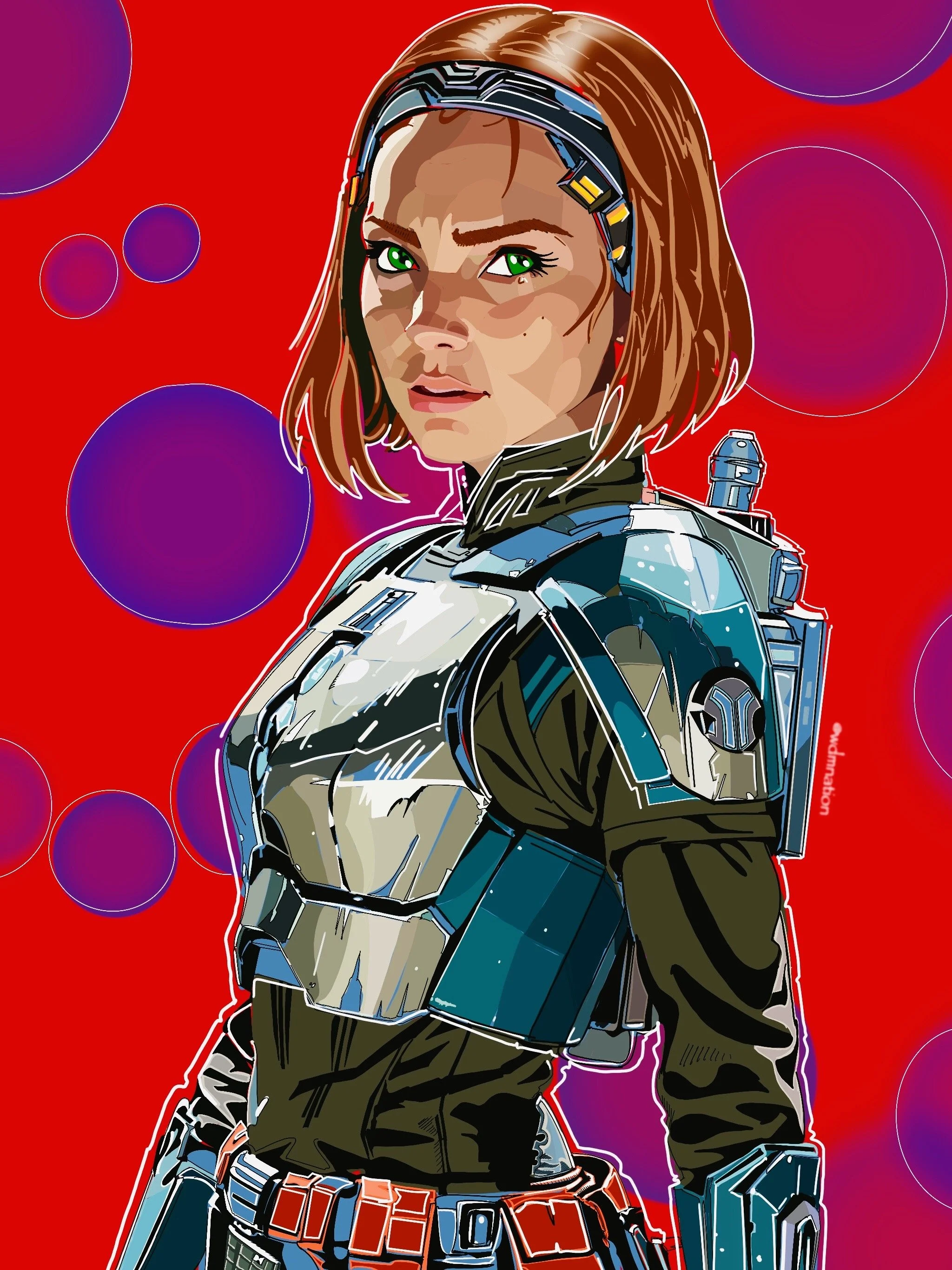 Illustration of a female soldier in futuristic armor with green eyes and brown hair, set against a red background with purple circles.