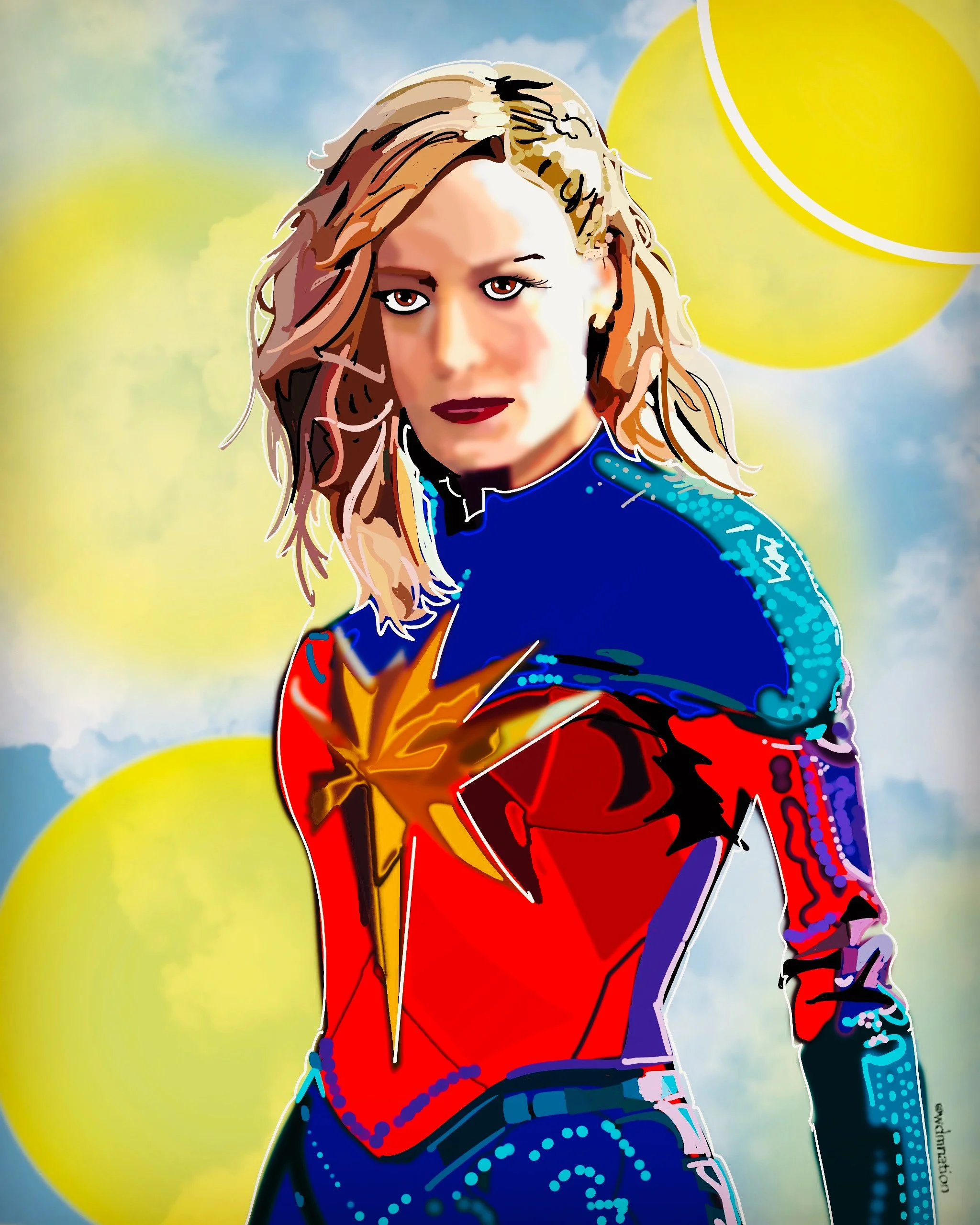 Digital artwork of a woman dressed as Captain Marvel, with blonde hair, wearing a red, blue, and gold superhero costume, against a background of blue sky and yellow suns.