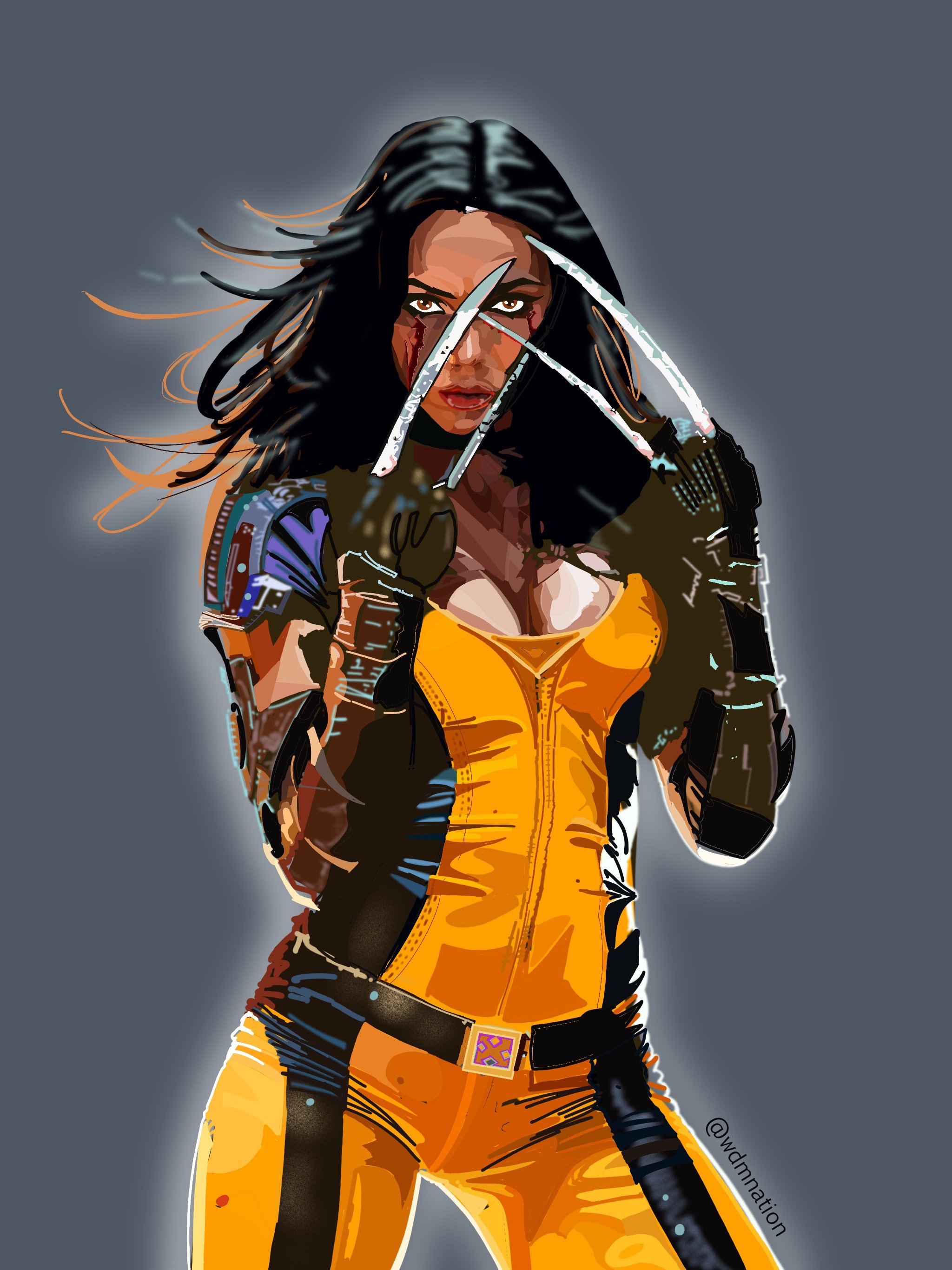 Digital illustration of a woman with black hair, holding two machetes in a fierce pose, wearing an orange and black combat outfit.