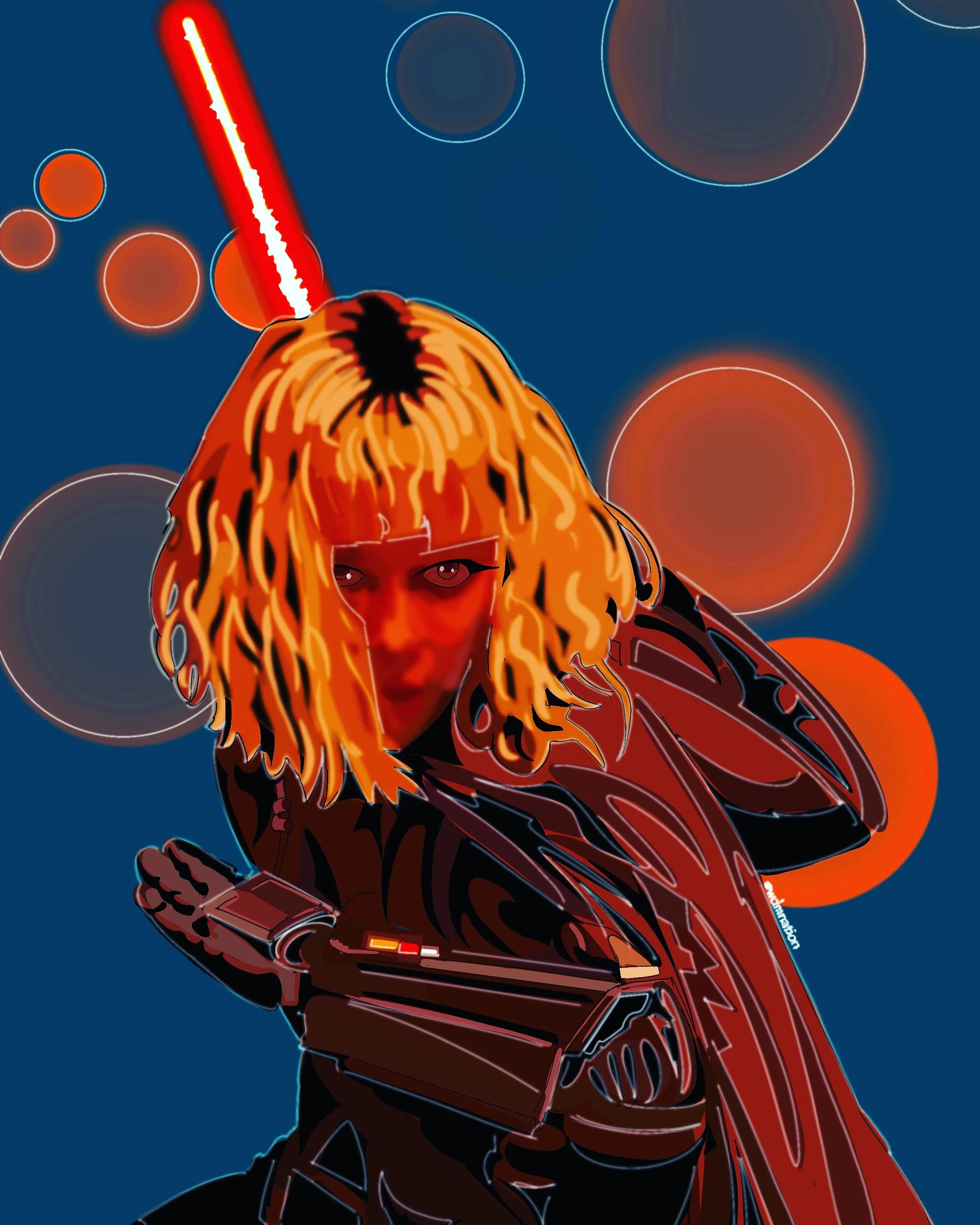 Digital illustration of a woman with fiery orange hair, wearing a futuristic, dark armor with glowing elements, set against a blue background with circular patterns and a large red light in the sky.