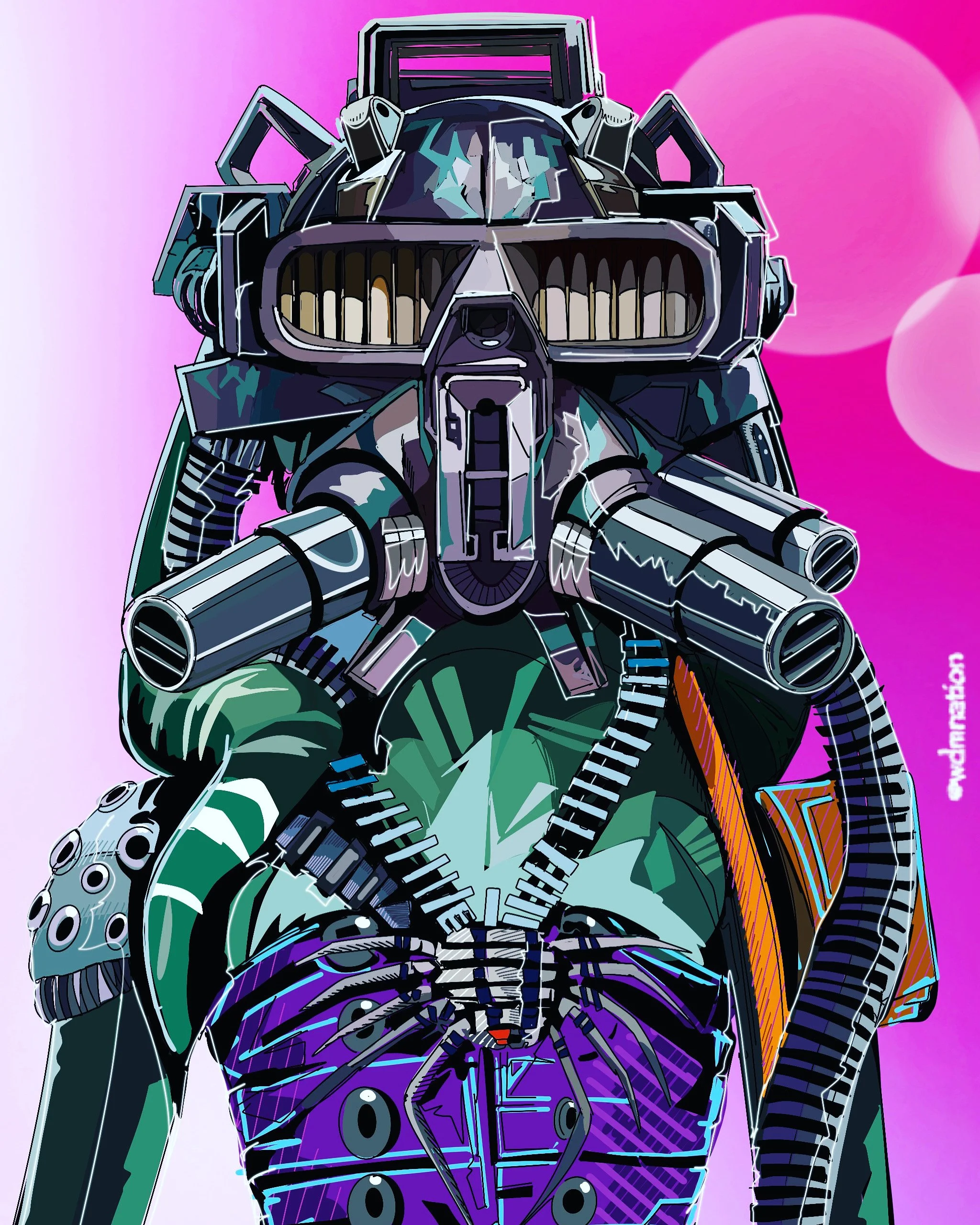 A futuristic sci-fi illustration of a humanoid robot with a robotic skull face, metallic armor, and large gun-like weaponry on its arms, set against a pink and purple background with abstract circular shapes.