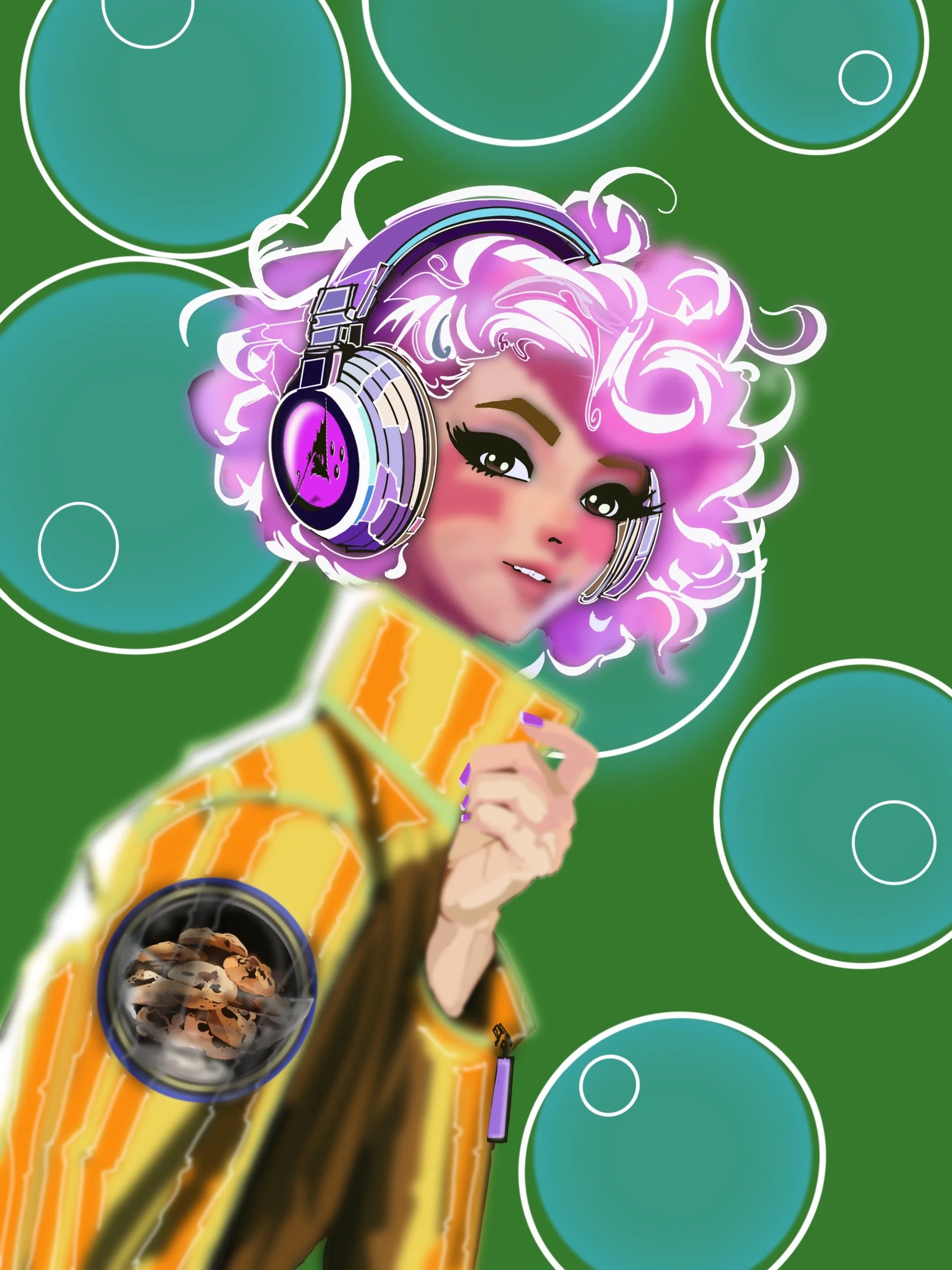 Illustration of a girl with curly pink hair, wearing large headphones with purple and silver accents, holding a chocolate chip cookie. She is dressed in a striped yellow and orange jacket against a green background with blue and white circles.