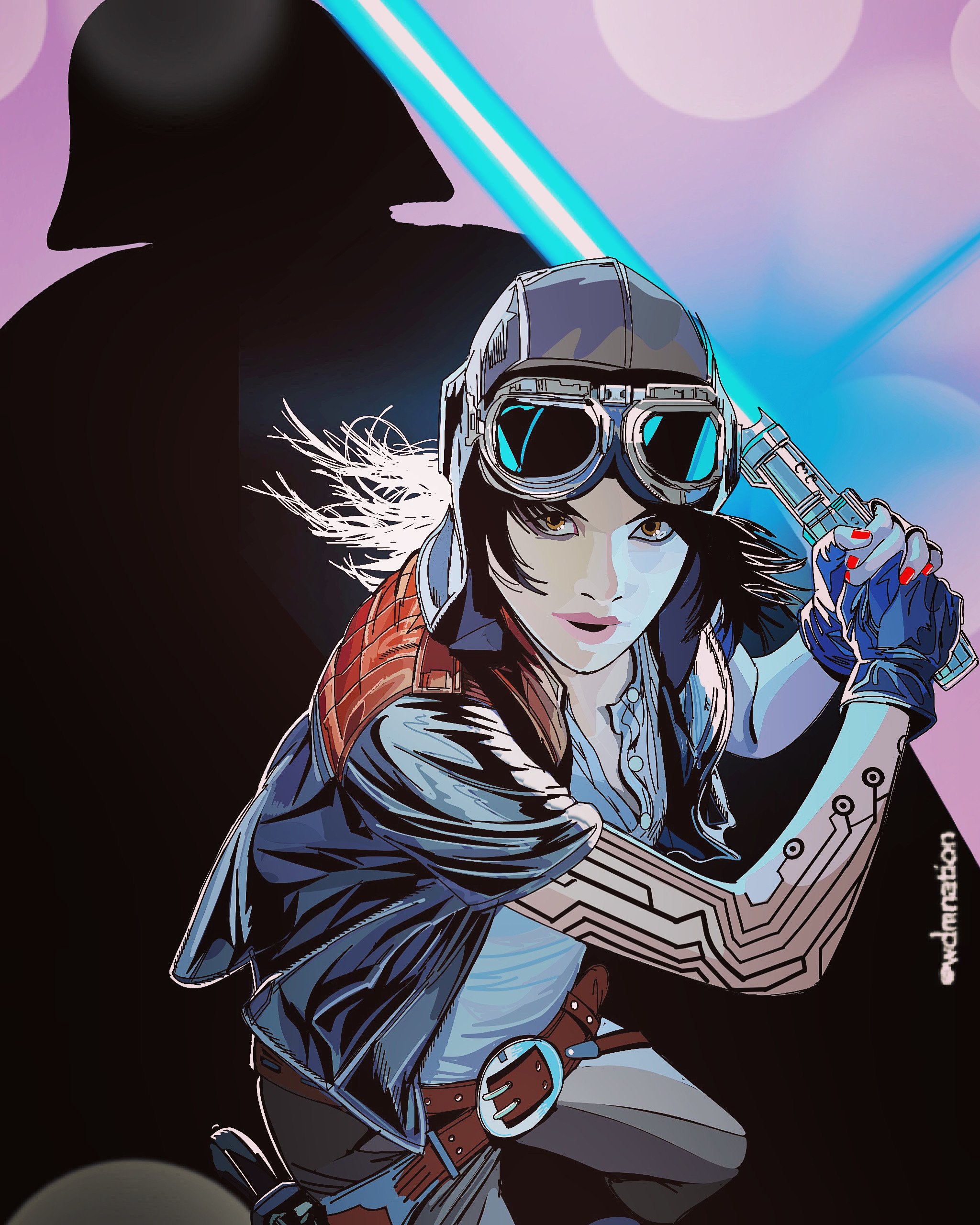 Digital artwork of a female character in a futuristic setting, wearing goggles on her head, holding a gun, with a shadowy figure and neon lights in the background.
